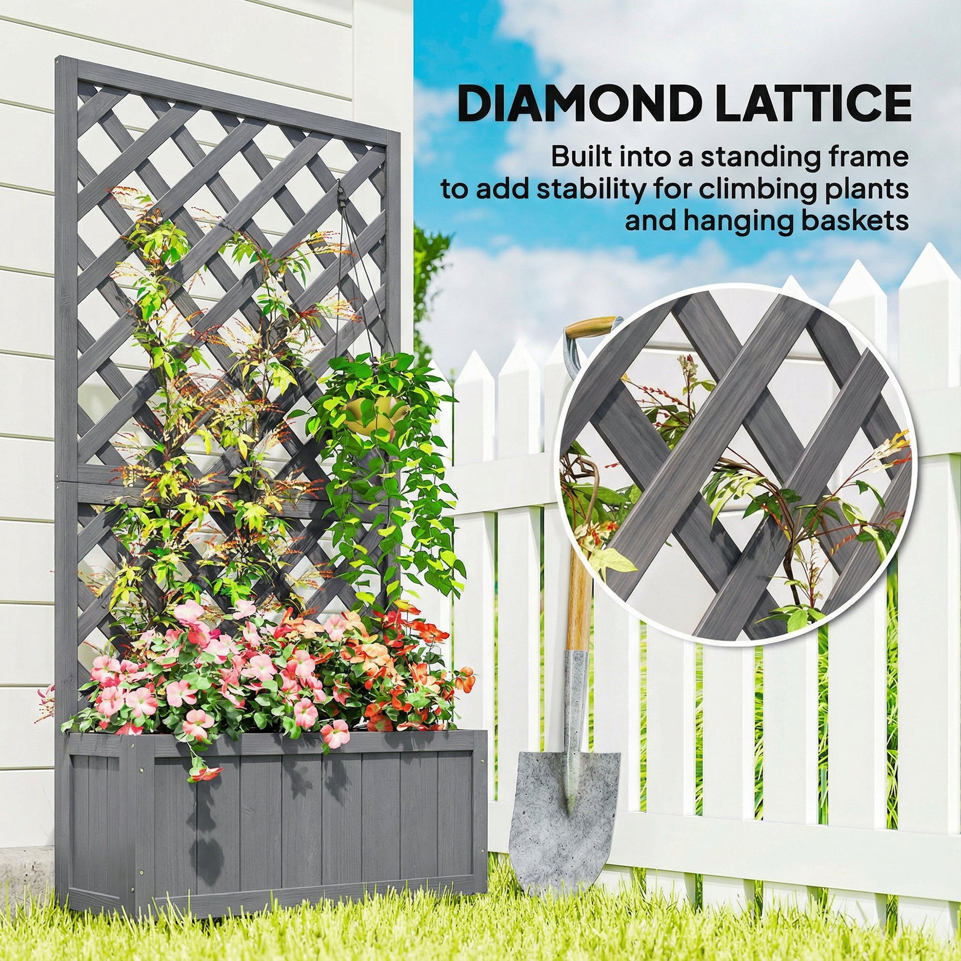 Wood Planter with Trellis for Climbing Plants, Raised Bed, Planter Box with Drainage Holes to Grow Vegetables, Herbs and Flowers for Garden, Patio, Yard, Grey