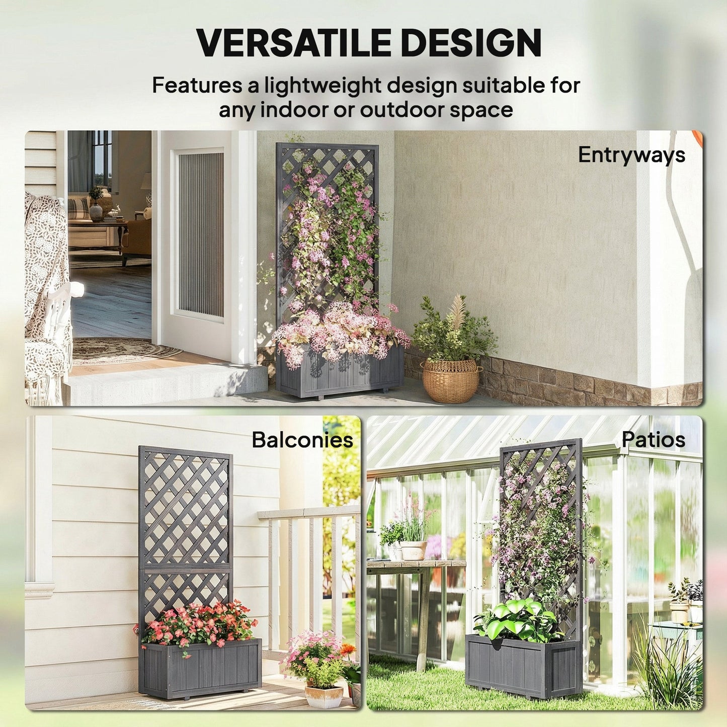 Wood Planter with Trellis for Climbing Plants, Raised Bed, Planter Box with Drainage Holes to Grow Vegetables, Herbs and Flowers for Garden, Patio, Yard, Grey