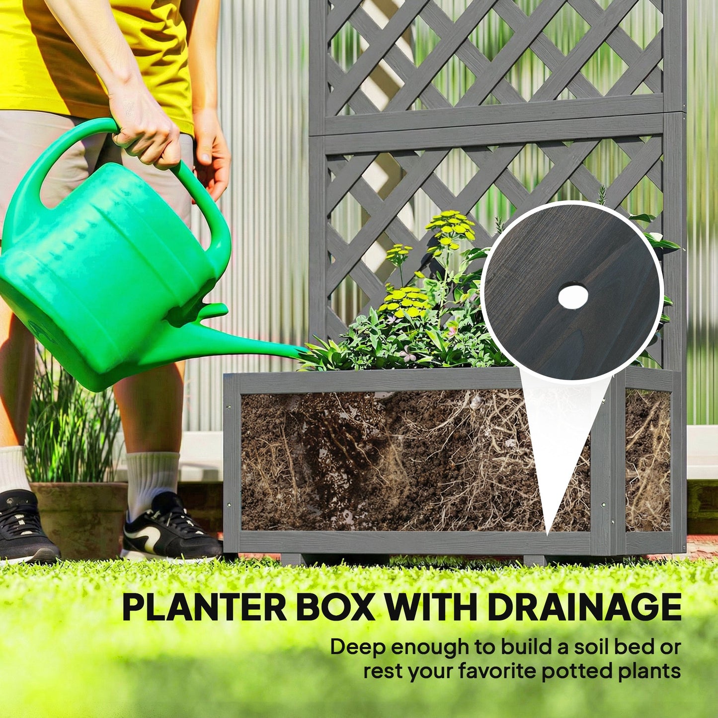 Wood Planter with Trellis for Climbing Plants, Raised Bed, Planter Box with Drainage Holes to Grow Vegetables, Herbs and Flowers for Garden, Patio, Yard, Grey