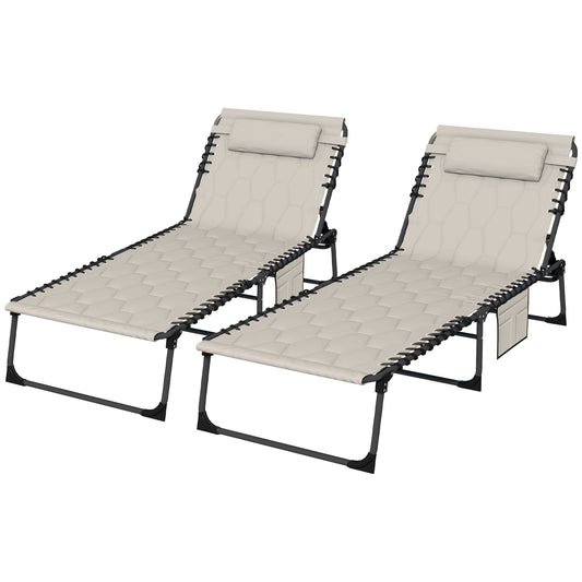 2 Piece Foldable Sun Lounger Set with 5-level Reclining Back, Outdoor Tanning Chairs Sun Loungers with Build-in Padded Seat, Side Pocket, Headrest for Beach, Yard, Patio, Khaki