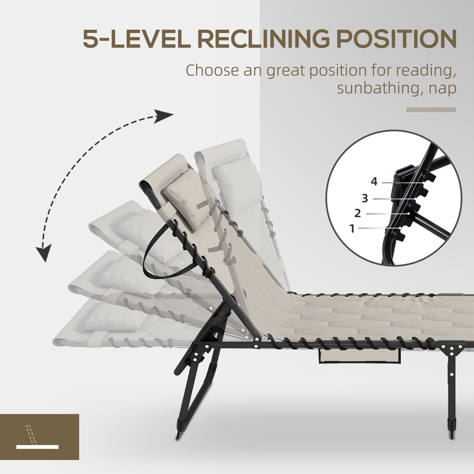 2 Piece Foldable Sun Lounger Set with 5-level Reclining Back, Outdoor Tanning Chairs Sun Loungers with Build-in Padded Seat, Side Pocket, Headrest for Beach, Yard, Patio, Khaki