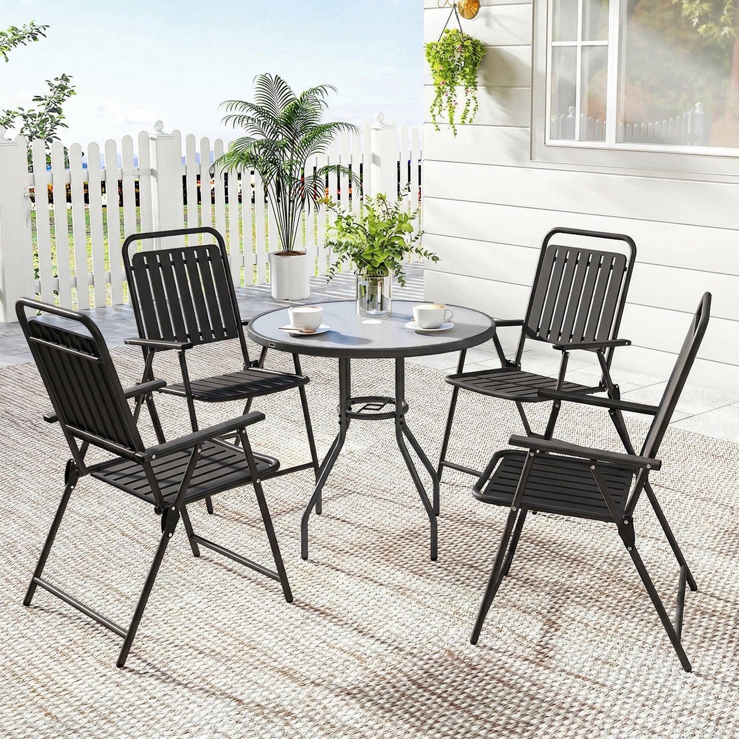 Folding Garden Chairs Set of 4, Garden Dining Chairs with Plastic Slatted Seat and Back, Portable Folding Chair Set with Armrests and Steel Frame for Outdoor, Patio, Balcony, Terrace, Black