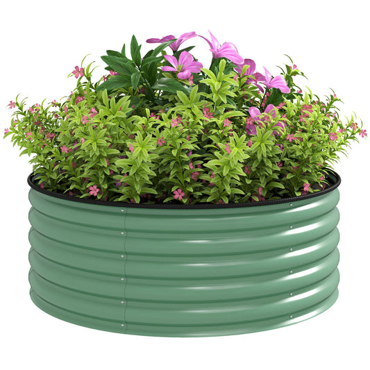 Galvanised Raised Garden Bed with Safety Edging, Outdoor Raised Planter Box with Gloves and Open Bottom, Metal Raised Bed for Flowers, Vegetables and Herbs, 120 x 120 x 43cm, Light Green