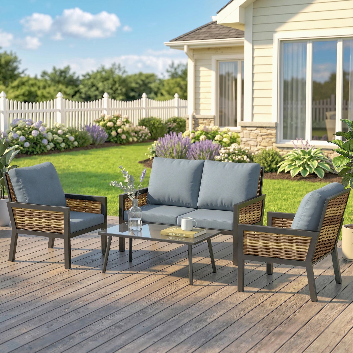 4 Seater Rattan Garden Furniture Set with 2 Armchairs, Loveseat, Coffee Table, Garden Sofa Set with Cushions, Outdoor Furniture Conversation Sets for Patio, Grey