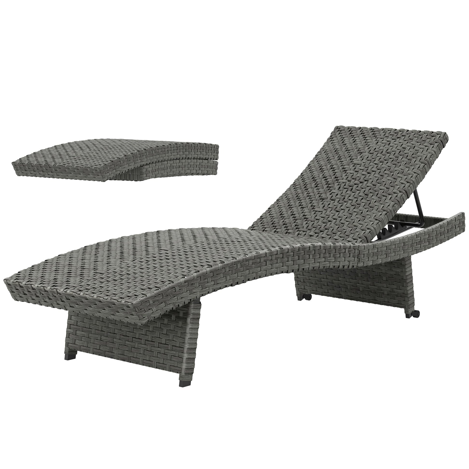 Outdoor PE Rattan Sun Lounger, Folding Wicker Garden Lounger Recliner with 4-Level Adjustable Backrest, Rolling Sunbed Lounge Chair with Wheels, Non-Slip Legs for Balcony, Beach, Mixed-grey