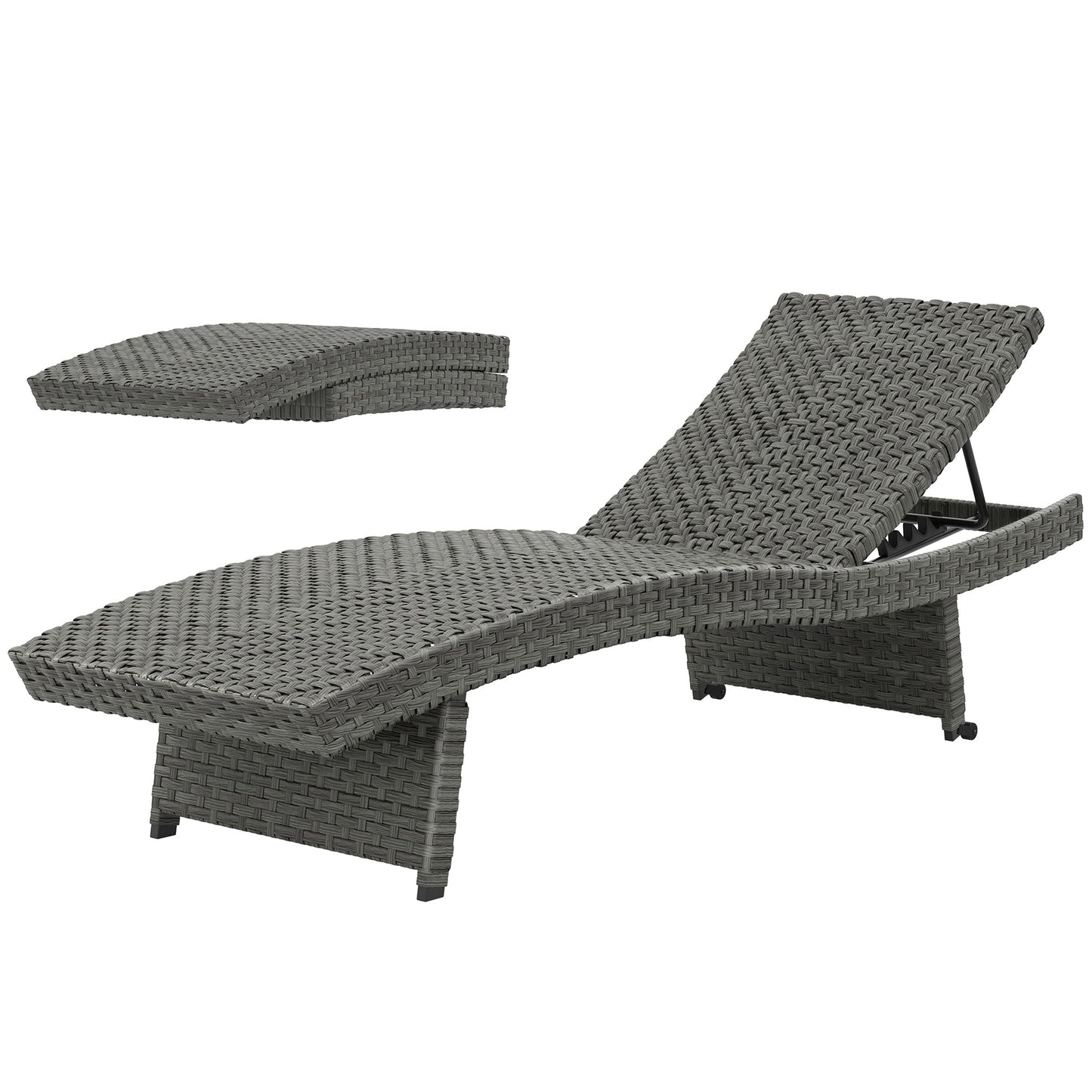 Outdoor PE Rattan Sun Lounger, Folding Wicker Garden Lounger Recliner with 4-Level Adjustable Backrest, Rolling Sunbed Lounge Chair with Wheels, Non-Slip Legs for Balcony, Beach, Mixed-grey