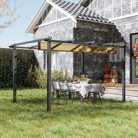 3 x 4m Pergola with Retractable Roof, Aluminium Frame Garden Gazebo Canopy Outdoor Sun Shade Shelter for Grill, Patio, Deck, Khaki