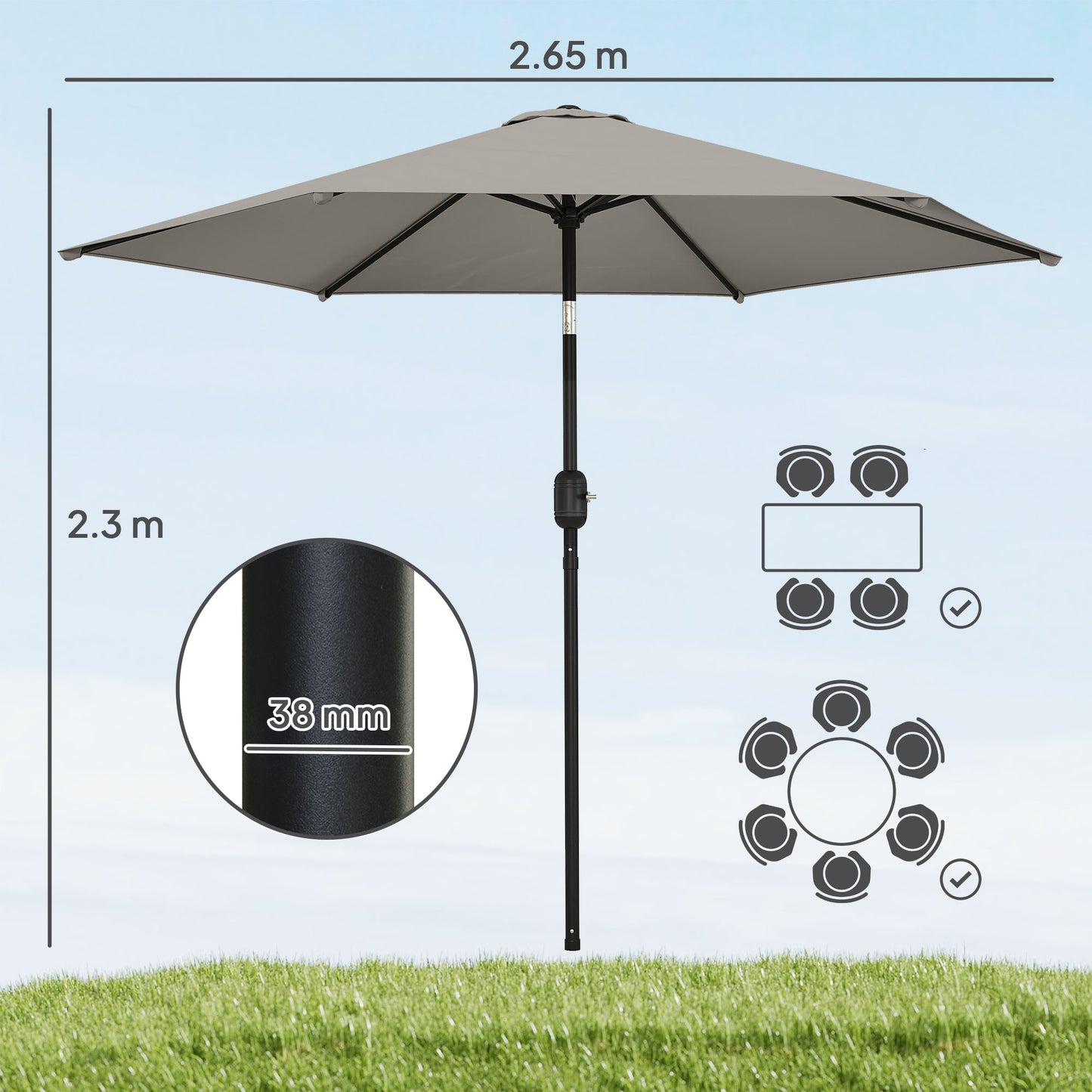 2.6 m Garden Parasol Umbrella with Aluminium Pole, Outdoor Table Market Patio Umbrella Sun Shade with Tilt and Crank, Vent, Light Grey
