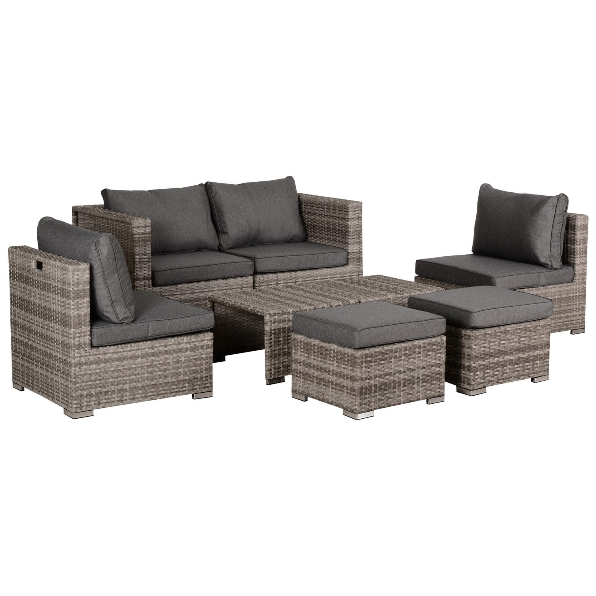 8 Pieces Rattan Garden Furniture Set, Garden Corner Sofa Set with 4 Chairs, 2 Footstools, 2 Coffee Tables and Cushions, Space-Saving Design, No Assembly Required, Grey