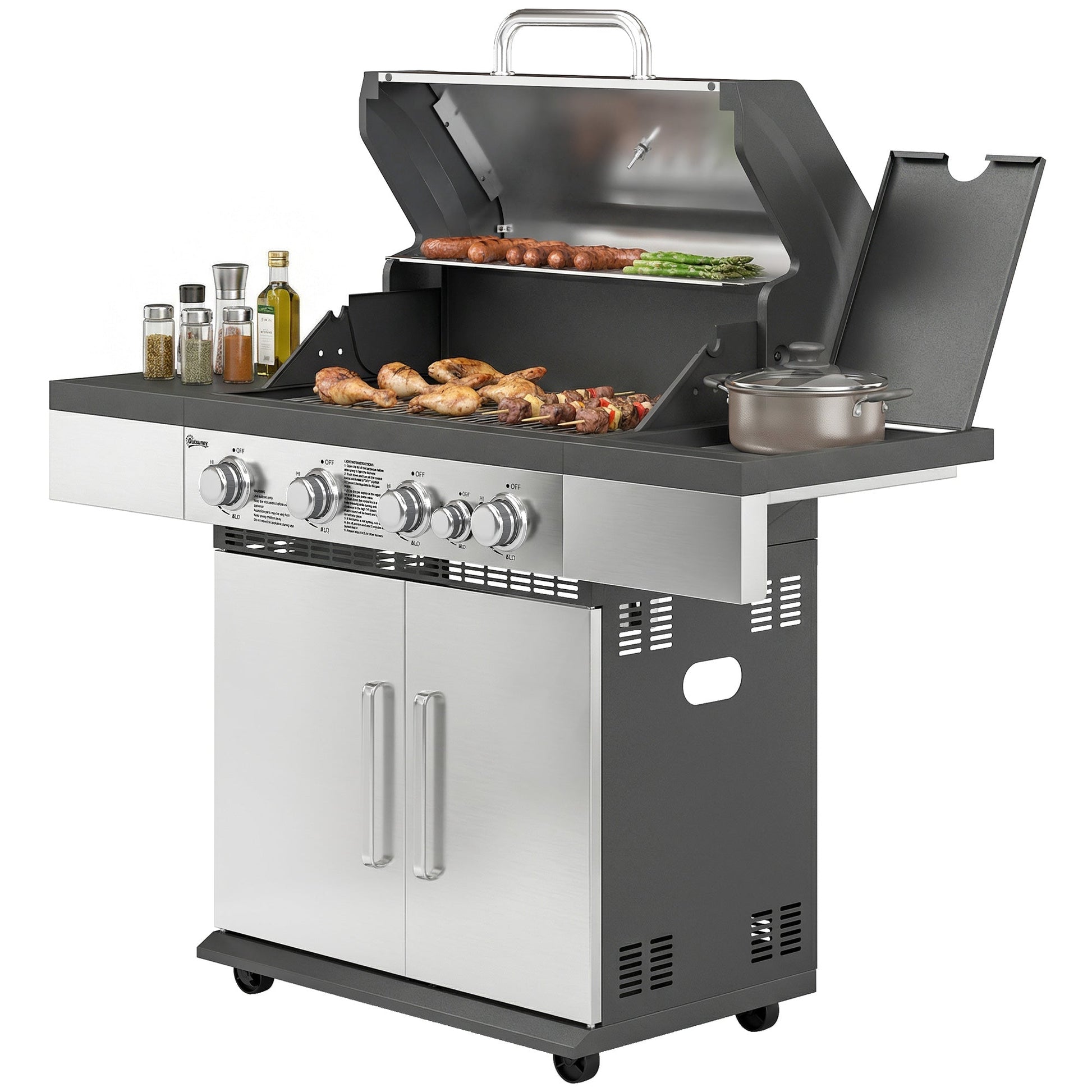 4+1 Burner Gas BBQ Grill, Portable Gas Barbecue Grill with Side Burner, Warming Rack, Side Shelf, Storage Cabinet, Thermometer, 4 Wheels, Tank Holder for Garden Party Outdoor Cooking