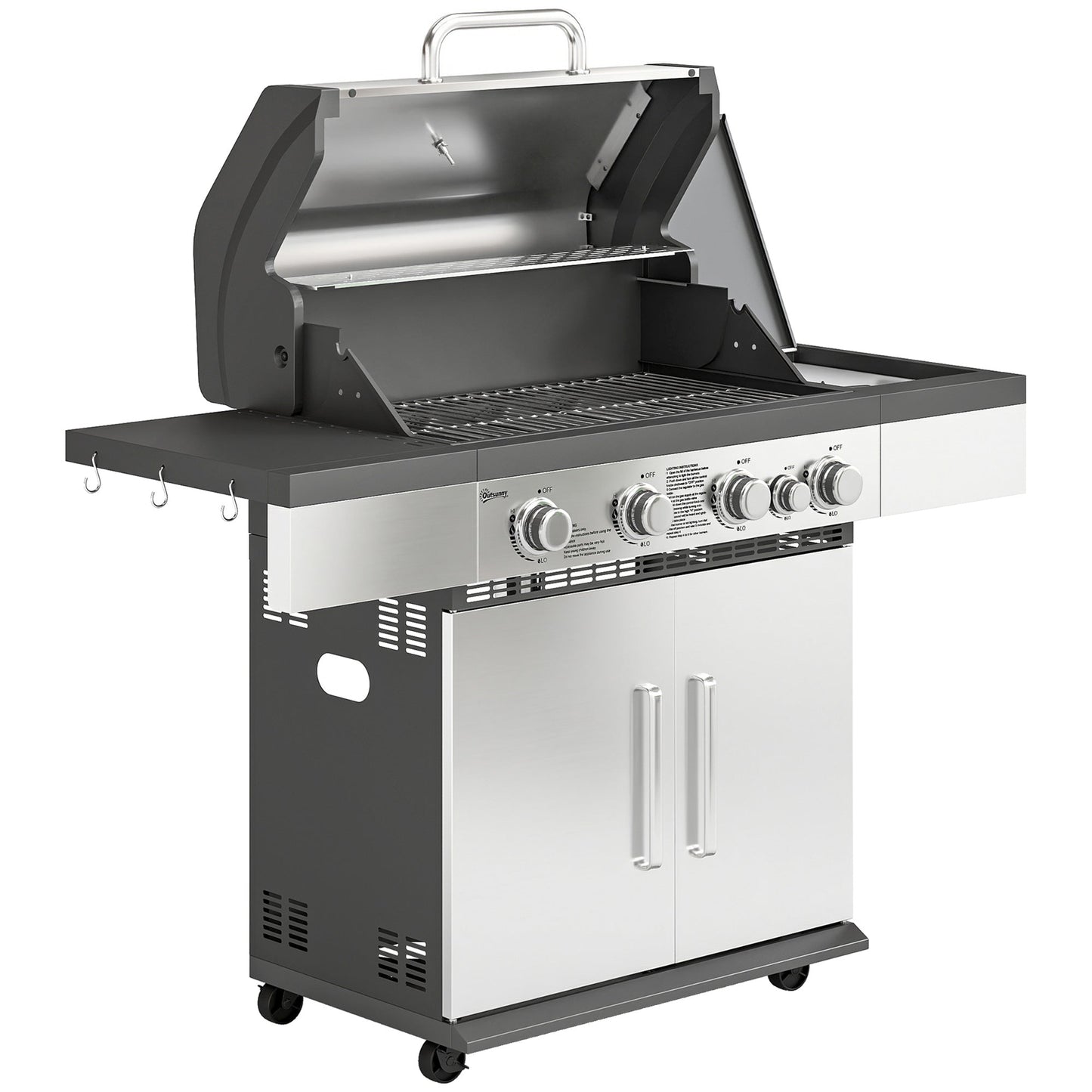 4+1 Burner Gas BBQ Grill, Portable Gas Barbecue Grill with Side Burner, Warming Rack, Side Shelf, Storage Cabinet, Thermometer, 4 Wheels, Tank Holder for Garden Party Outdoor Cooking