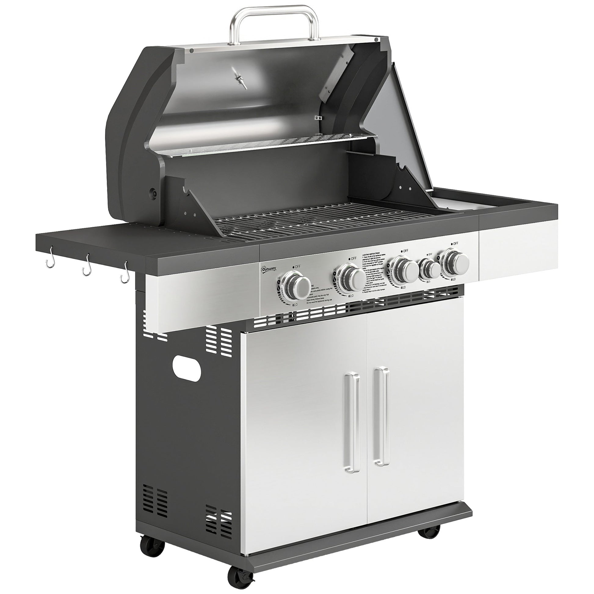 4+1 Burner Gas BBQ Grill, Portable Gas Barbecue Grill with Side Burner, Warming Rack, Side Shelf, Storage Cabinet, Thermometer, 4 Wheels, Tank Holder for Garden Party Outdoor Cooking
