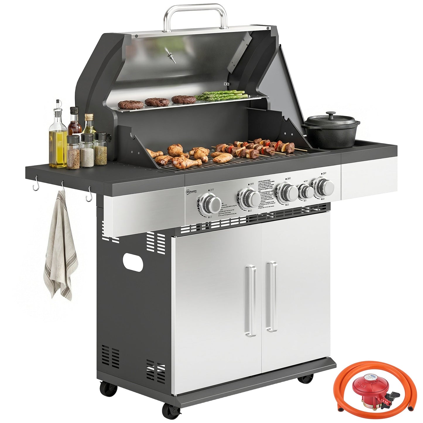 4+1 Burner Gas BBQ Grill, Portable Gas Barbecue Grill with Side Burner, Warming Rack, Side Shelf, Storage Cabinet, Thermometer, 4 Wheels, Tank Holder for Garden Party Outdoor Cooking