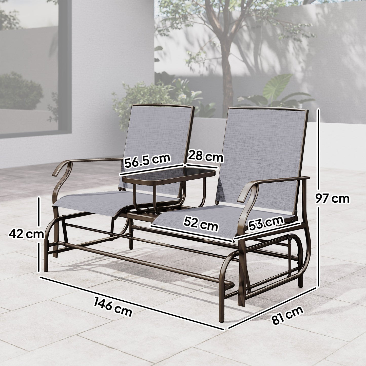 2 Seats Garden Glider Bench, Metal Frame Loveseat with Glass Top  Centre Table, Porch Rocking Glider for 2 Person, for Deck, Patio, Brown/ Grey