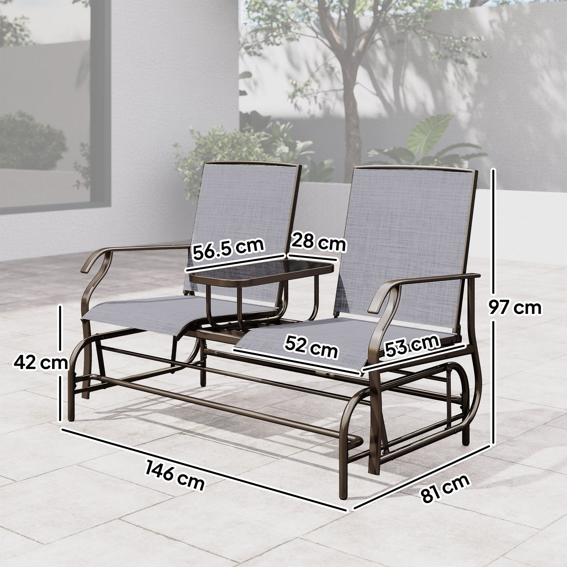 2 Seats Garden Glider Bench, Metal Frame Loveseat with Glass Top  Centre Table, Porch Rocking Glider for 2 Person, for Deck, Patio, Brown/ Grey