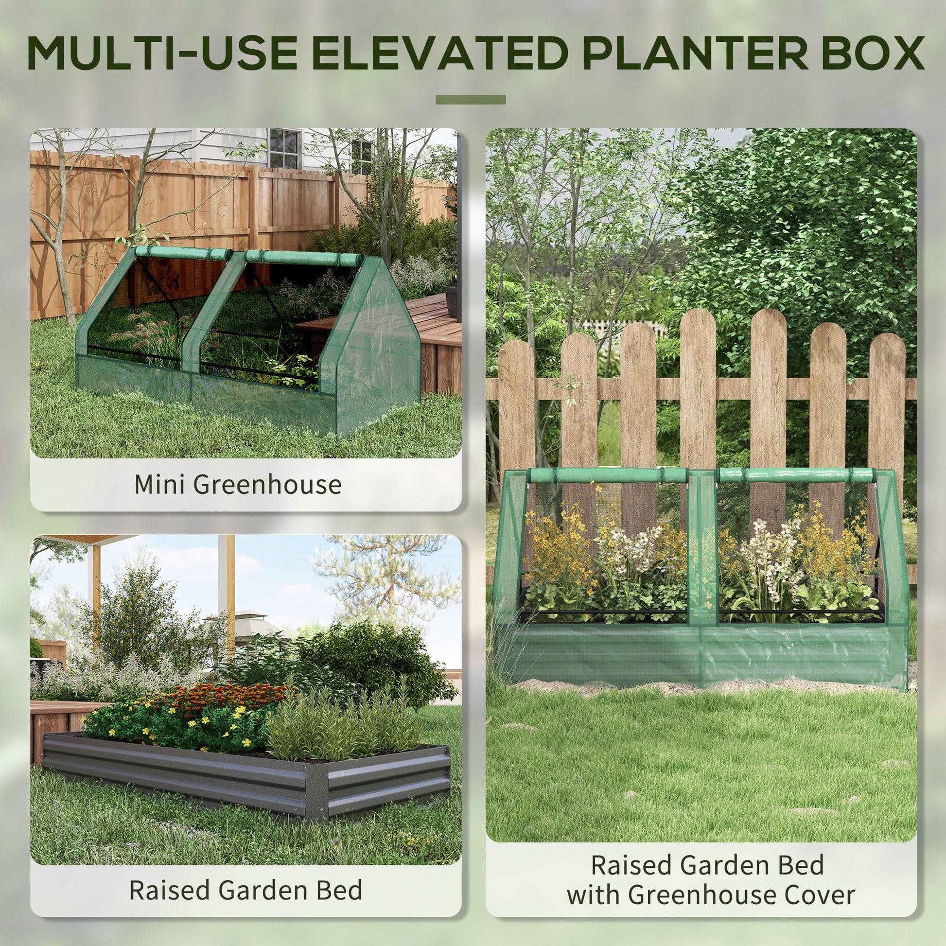 Raised Garden Bed with Mini Greenhouse, Outdoor Metal Planter Box with Cover, for Herbs and Vegetables, Use for Patio, Garden, Balcony, Green and Dark Grey