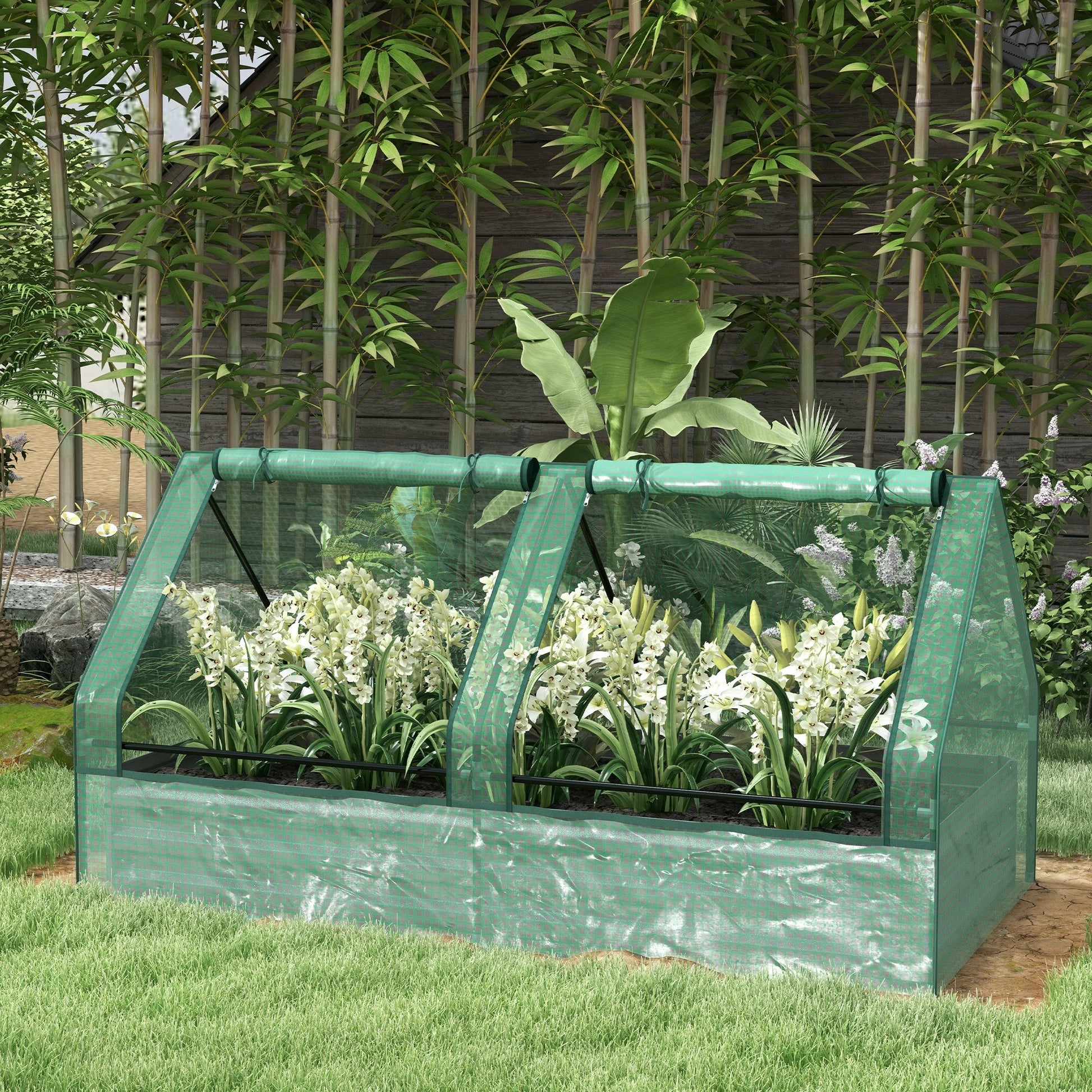 Raised Garden Bed with Mini Greenhouse, Outdoor Metal Planter Box with Cover, for Herbs and Vegetables, Use for Patio, Garden, Balcony, Green and Dark Grey