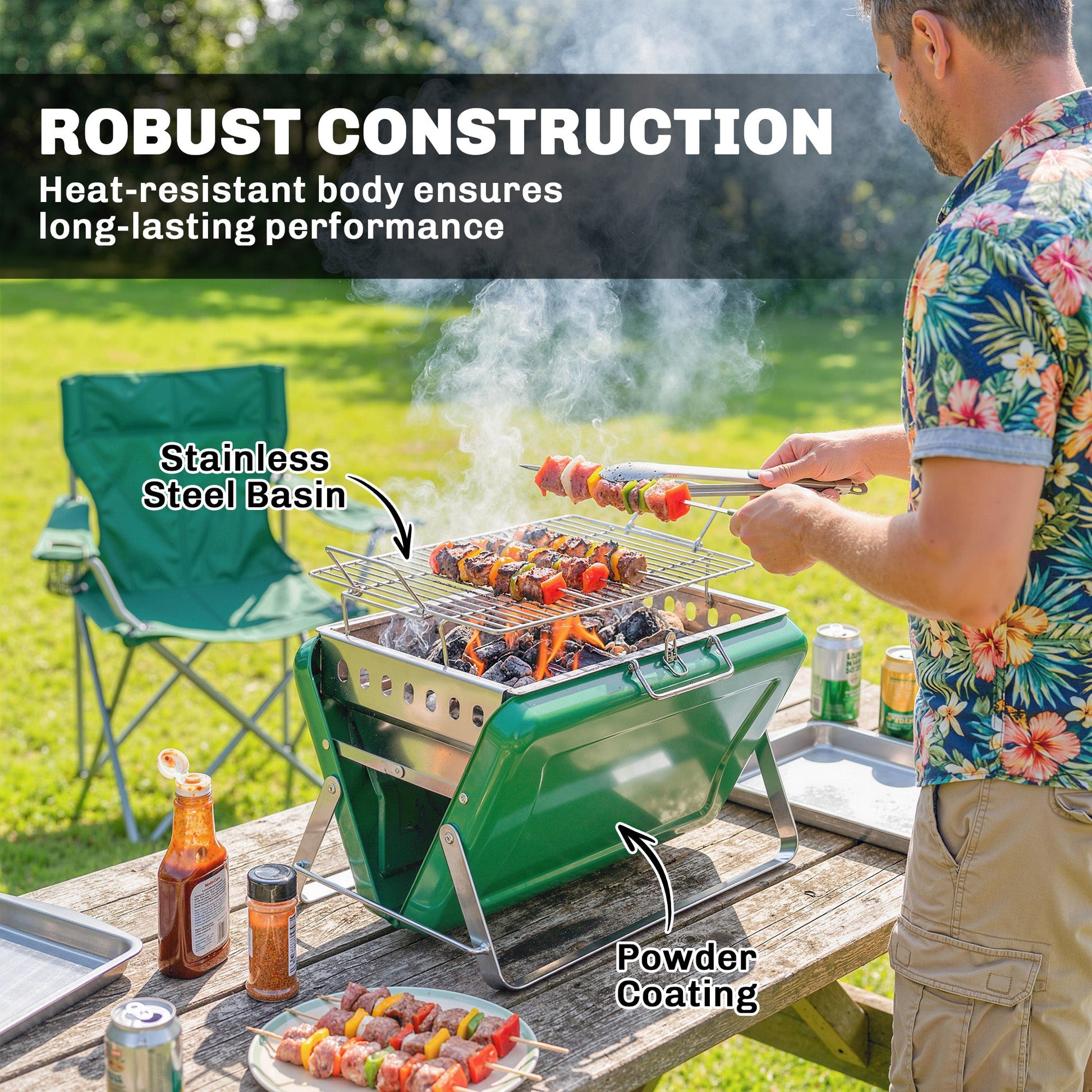 Portable BBQ Grill, Folding Charcoal Barbecue Grill with Handle and Foldable Legs for Camping Garden Outdoor Cooking, Dark Green