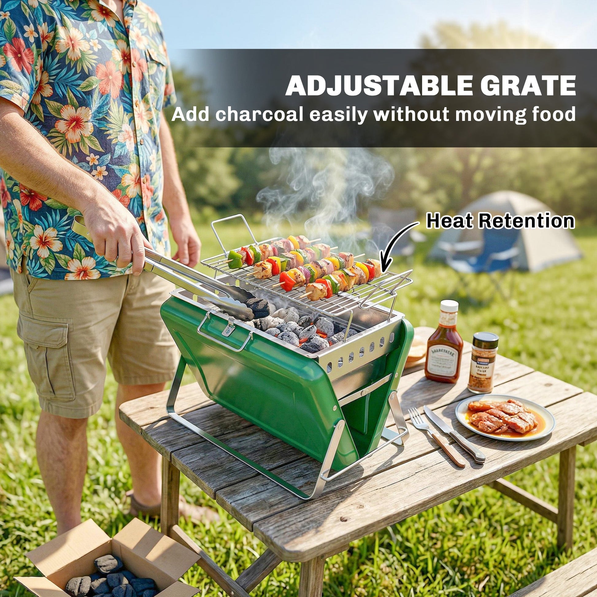 Portable BBQ Grill, Folding Charcoal Barbecue Grill with Handle and Foldable Legs for Camping Garden Outdoor Cooking, Dark Green