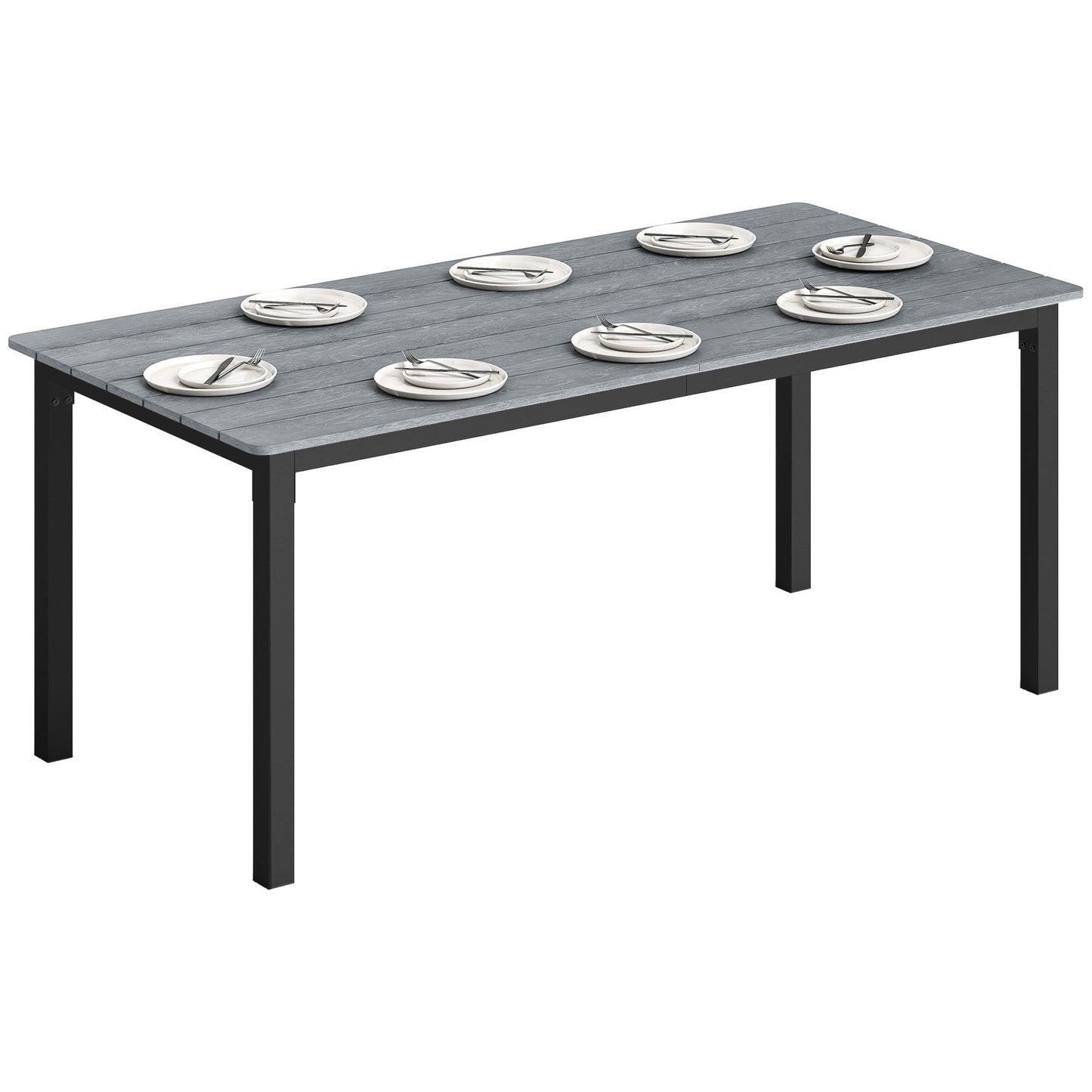 Garden Dining Table for 6-8 Person, 180 x 86 cm Rectangular Outdoor Dining Table with Wood Slatted Top and Steel Frame, All Weather Patio Furniture for Balcony, Porch, Grey