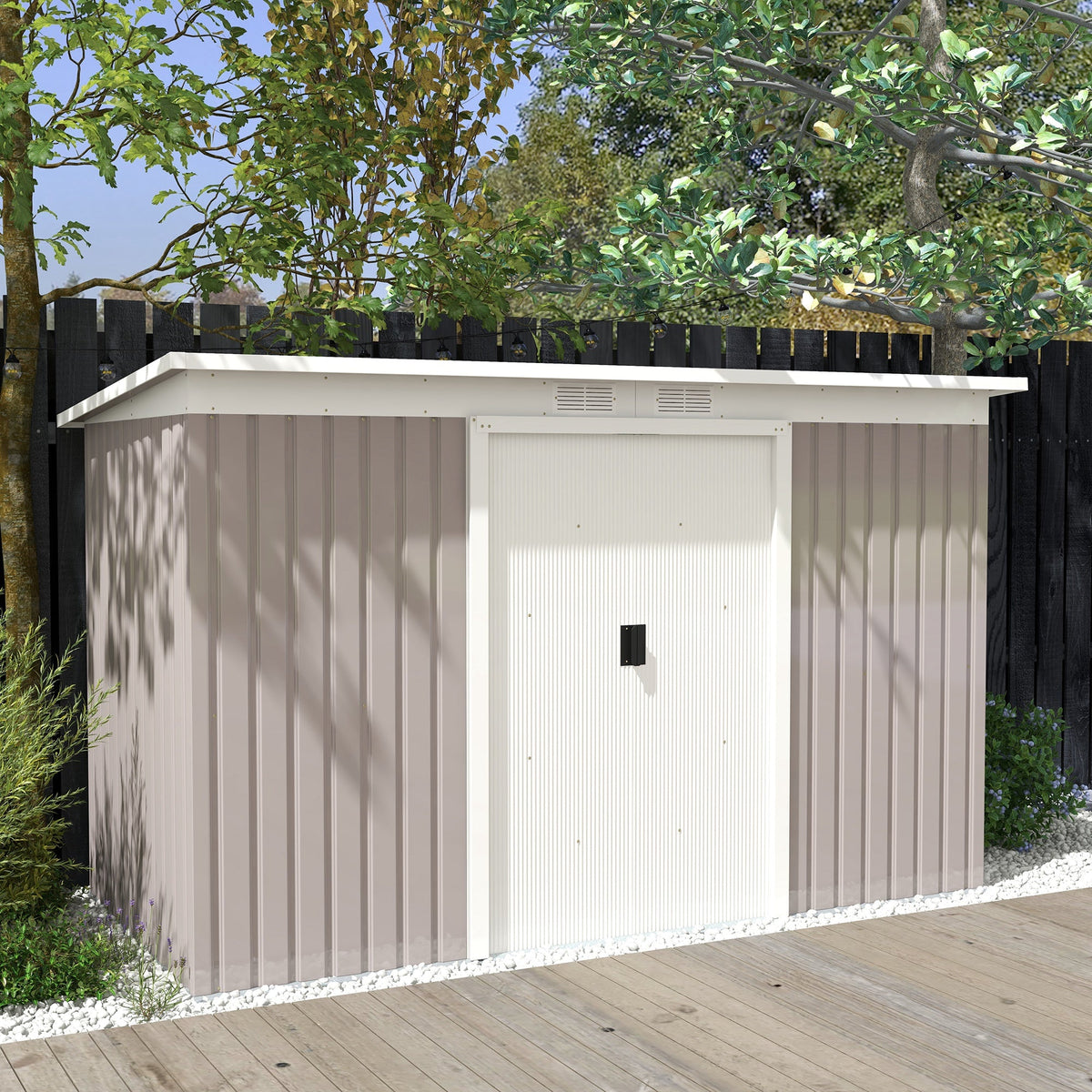 9ft x 4ft Metal Garden Shed, Outdoor Tool House with Foundation Kit, Ventilations and Double Doors, Light Grey