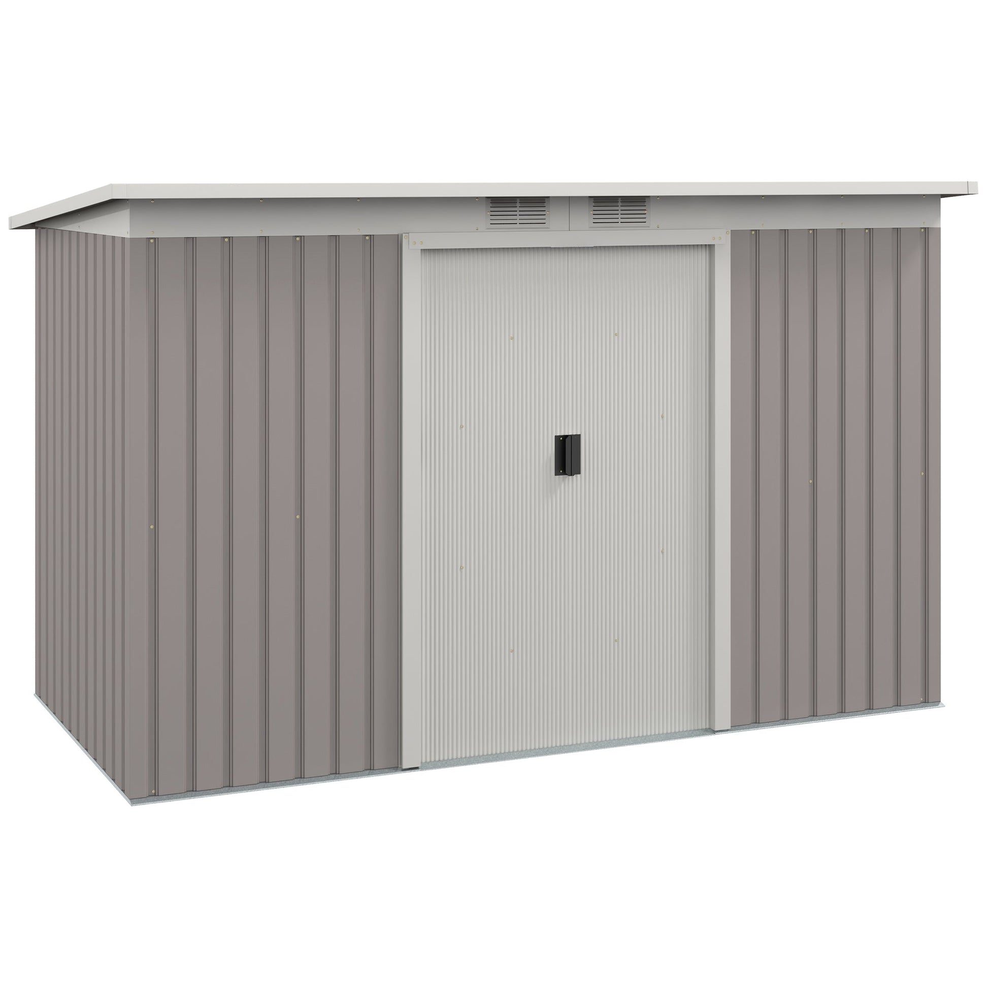 9ft x 4ft Metal Garden Shed, Outdoor Tool House with Foundation Kit, Ventilations and Double Doors, Light Grey