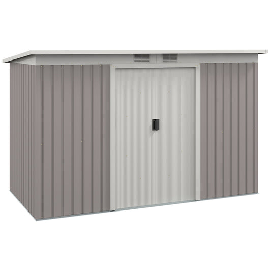 9ft x 4ft Metal Garden Shed, Outdoor Tool House with Foundation Kit, Ventilations and Double Doors, Light Grey