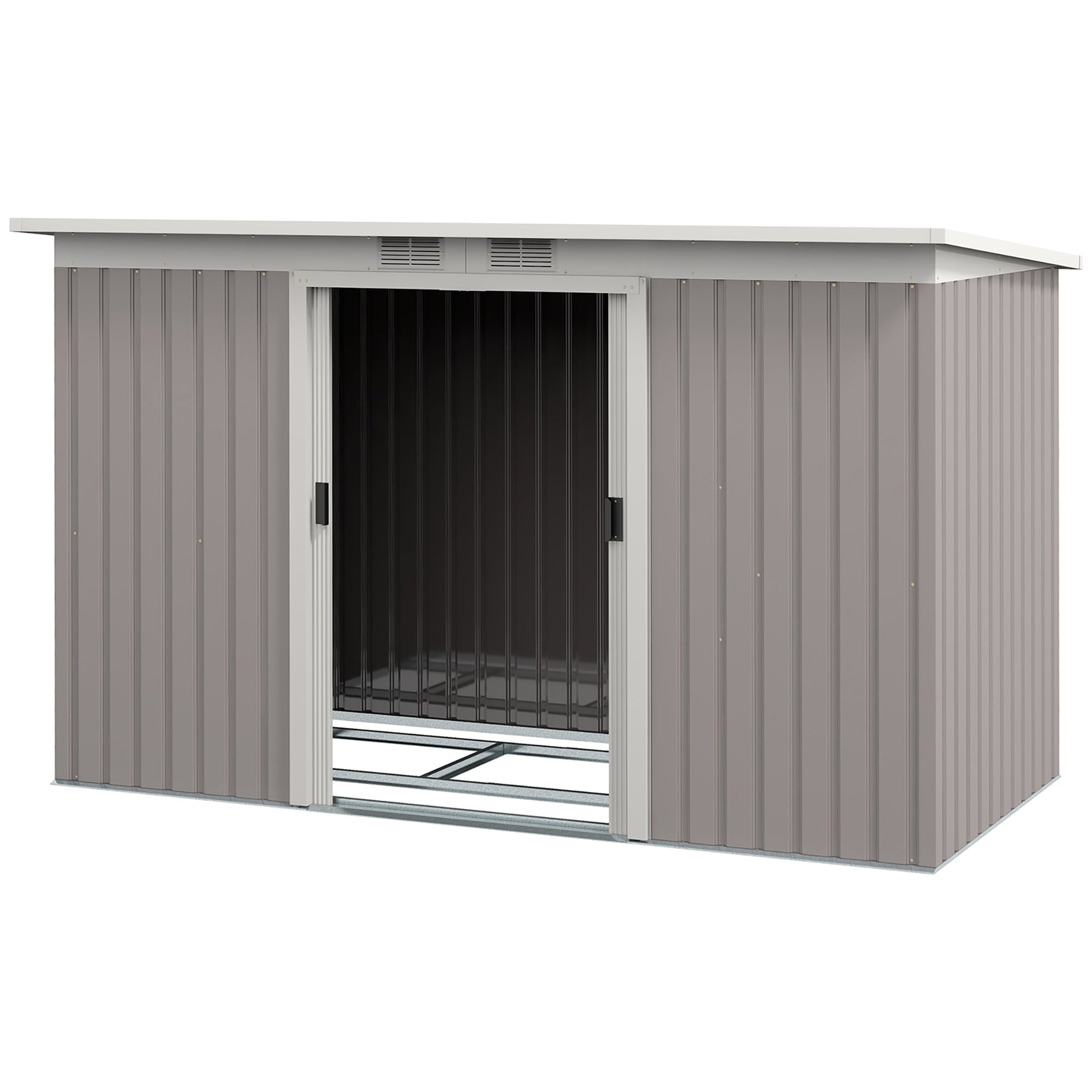 9ft x 4ft Metal Garden Shed, Outdoor Tool House with Foundation Kit, Ventilations and Double Doors, Light Grey