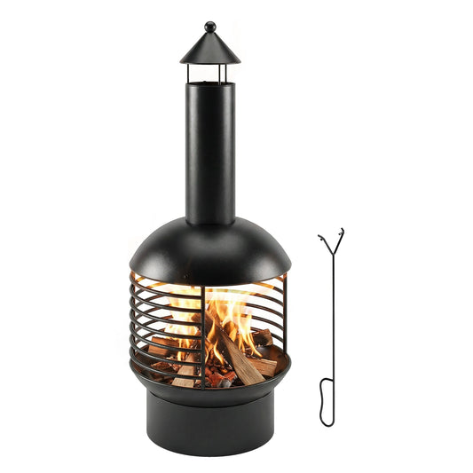Chimney Fire Pit, Portable Wood Burning Firepit with Poker, Charcoal Grid, Outdoor Fireplace for Garden Patio, Black
