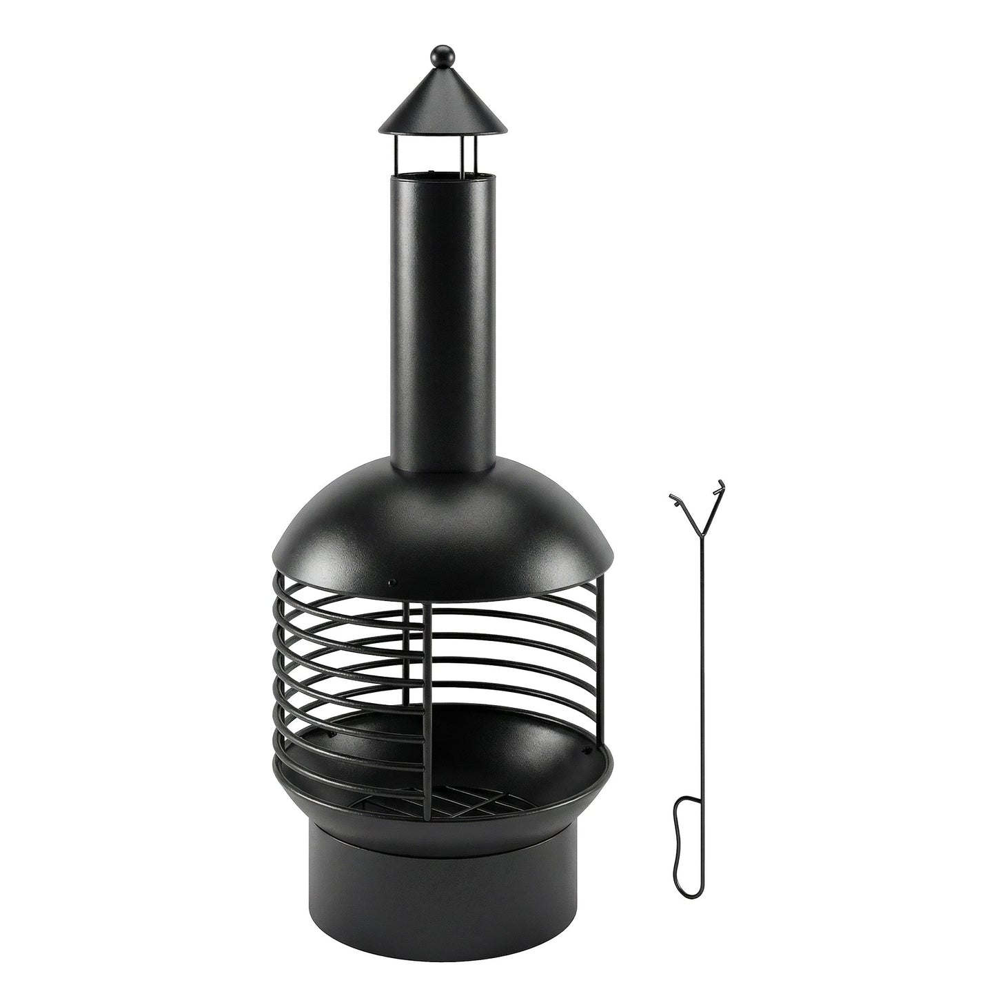 Chimney Fire Pit, Portable Wood Burning Firepit with Poker, Charcoal Grid, Outdoor Fireplace for Garden Patio, Black