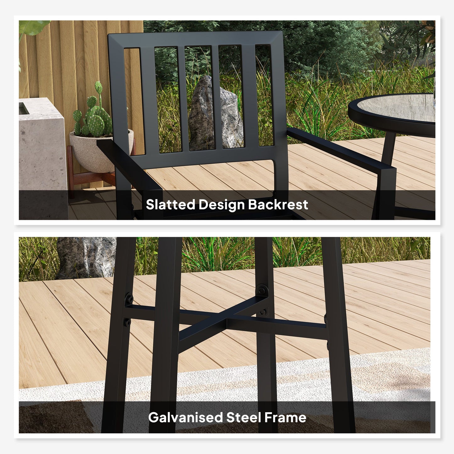 3 Piece Patio Bistro Set, Garden Dining Set with Plastic Top, 2 Stackable Chairs, Galvanised Steel Frame, Outdoor Dining Set for Balcony, Deck, Grey