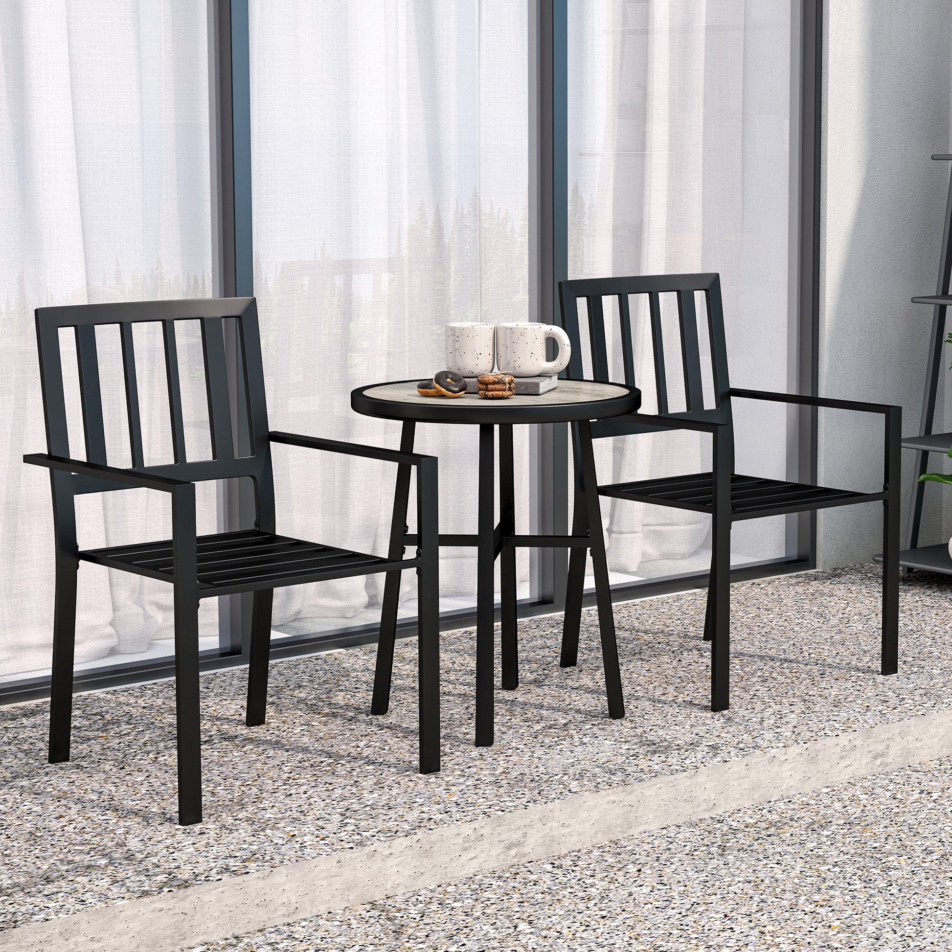 3 Piece Patio Bistro Set, Garden Dining Set with Plastic Top, 2 Stackable Chairs, Galvanised Steel Frame, Outdoor Dining Set for Balcony, Deck, Grey