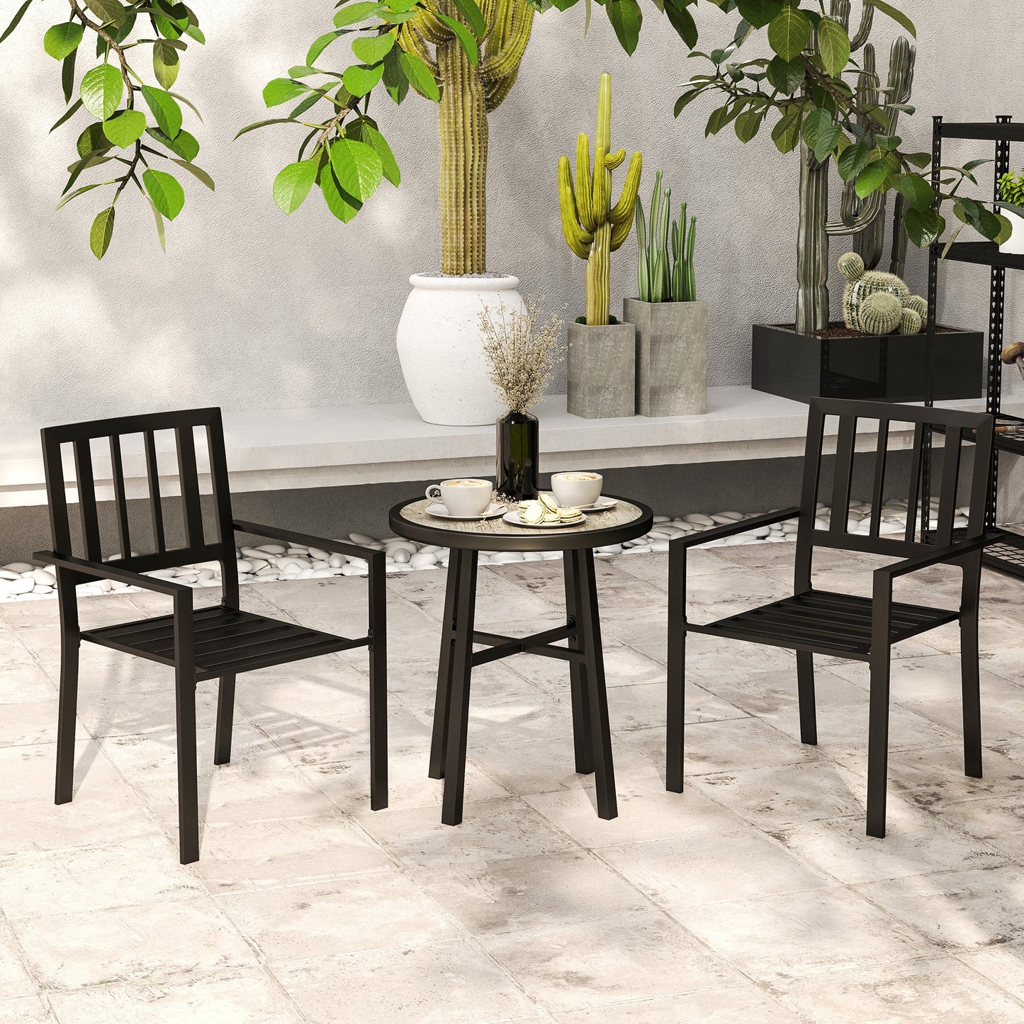 3 Piece Patio Bistro Set, Garden Dining Set with Plastic Top, 2 Stackable Chairs, Galvanised Steel Frame, Outdoor Dining Set for Balcony, Deck, Grey