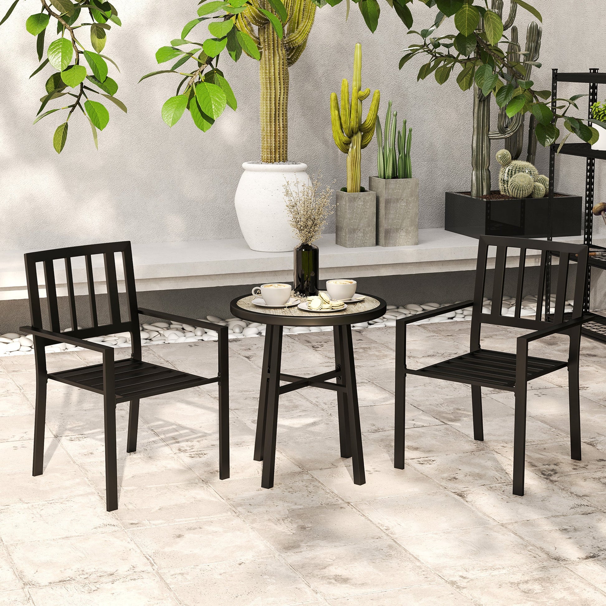 3 Piece Patio Bistro Set, Garden Dining Set with Plastic Top, 2 Stackable Chairs, Galvanised Steel Frame, Outdoor Dining Set for Balcony, Deck, Grey