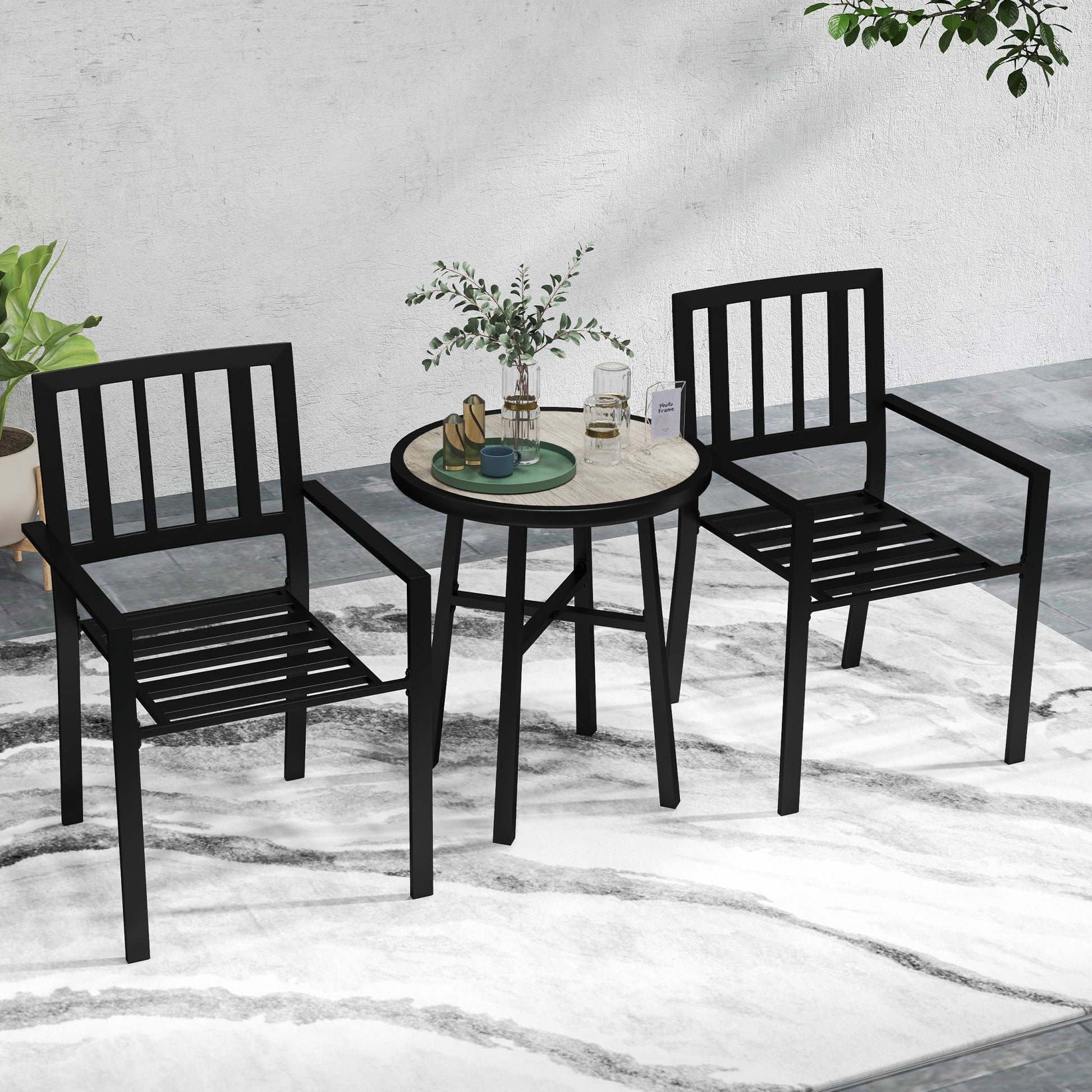 3 Piece Patio Bistro Set, Garden Dining Set with Plastic Top, 2 Stackable Chairs, Galvanised Steel Frame, Outdoor Dining Set for Balcony, Deck, Grey