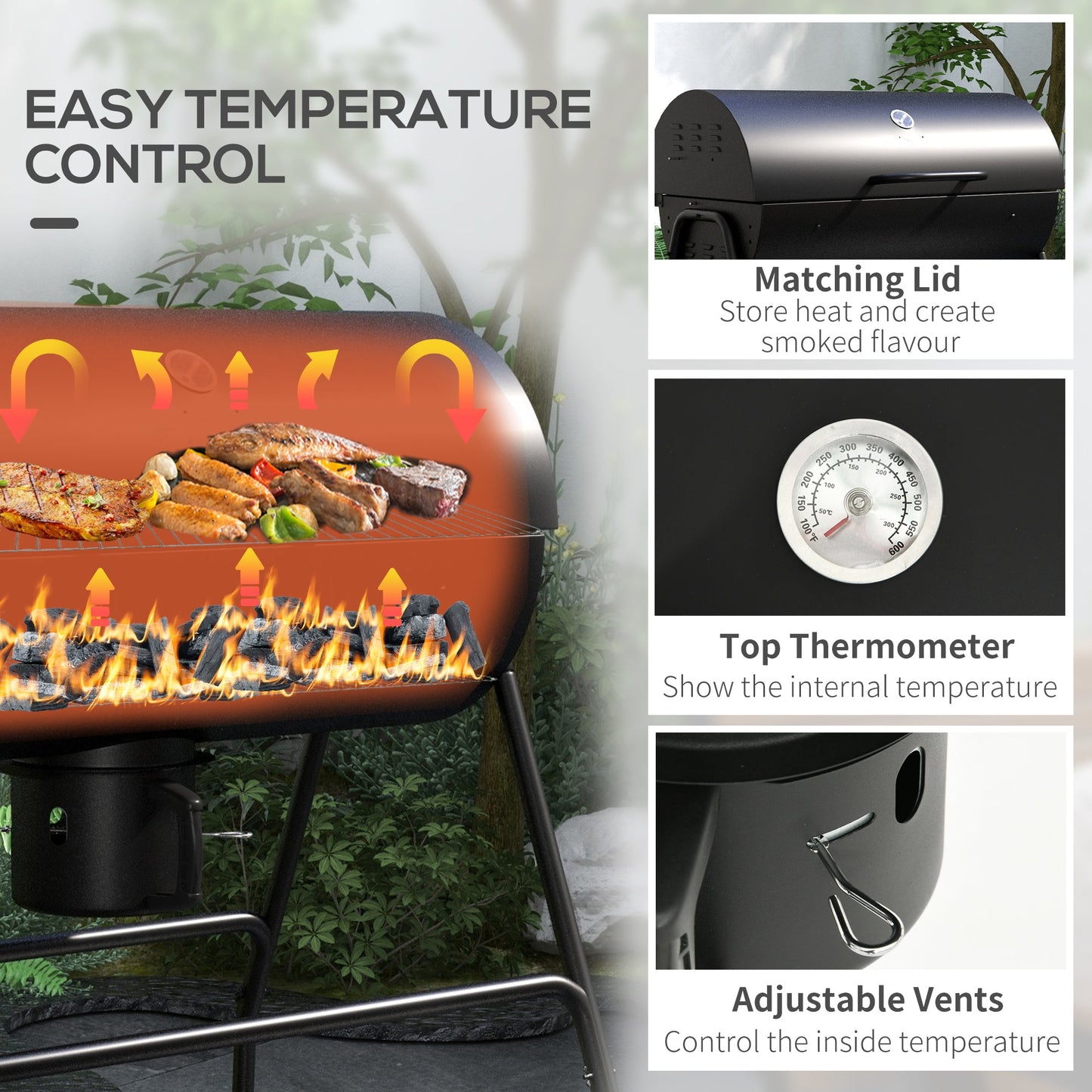 Charcoal Barbecue Grill, Portable Barrel BBQ Trolley Smoker with Wheels, Ash Catcher and Thermometer for Outdoor Garden Party Cooking, Black