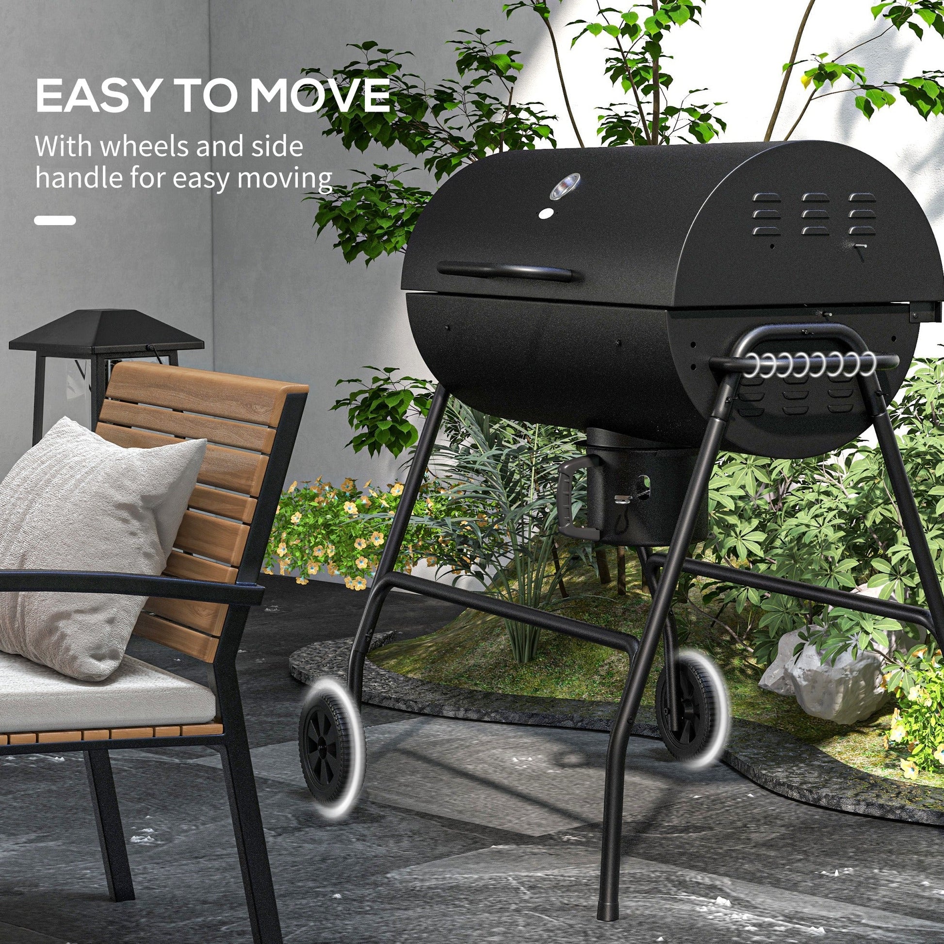 Charcoal Barbecue Grill, Portable Barrel BBQ Trolley Smoker with Wheels, Ash Catcher and Thermometer for Outdoor Garden Party Cooking, Black