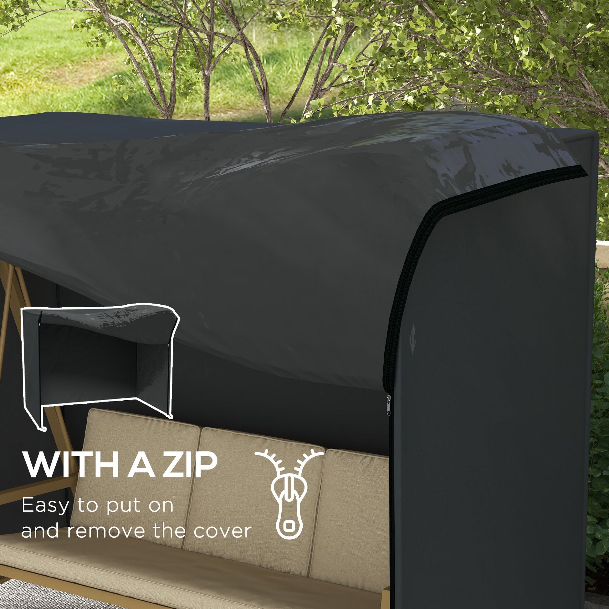 3 Seater Garden Swing Cover, Waterproof Swing Chair Cover, Windproof and Anti-UV 420D Outdoor Swing Bench Cover with Zip, 220 x 125 x 172cm, Black