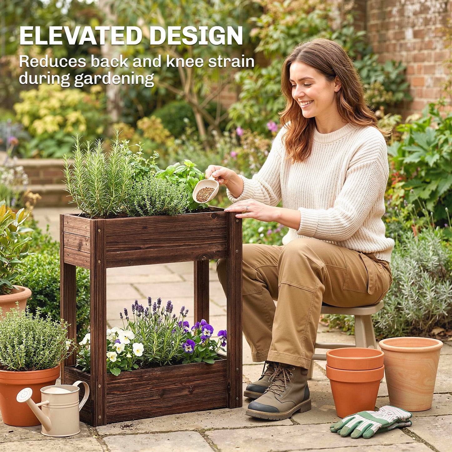 2-Tier Wooden Raised Planter, Raised Garden Bed on Legs with Drainage Holes and Bed Liner, Outdoor Elevated Garden Planter for Vegetables, Herbs, Flowers, 60 x 25 x 70 cm