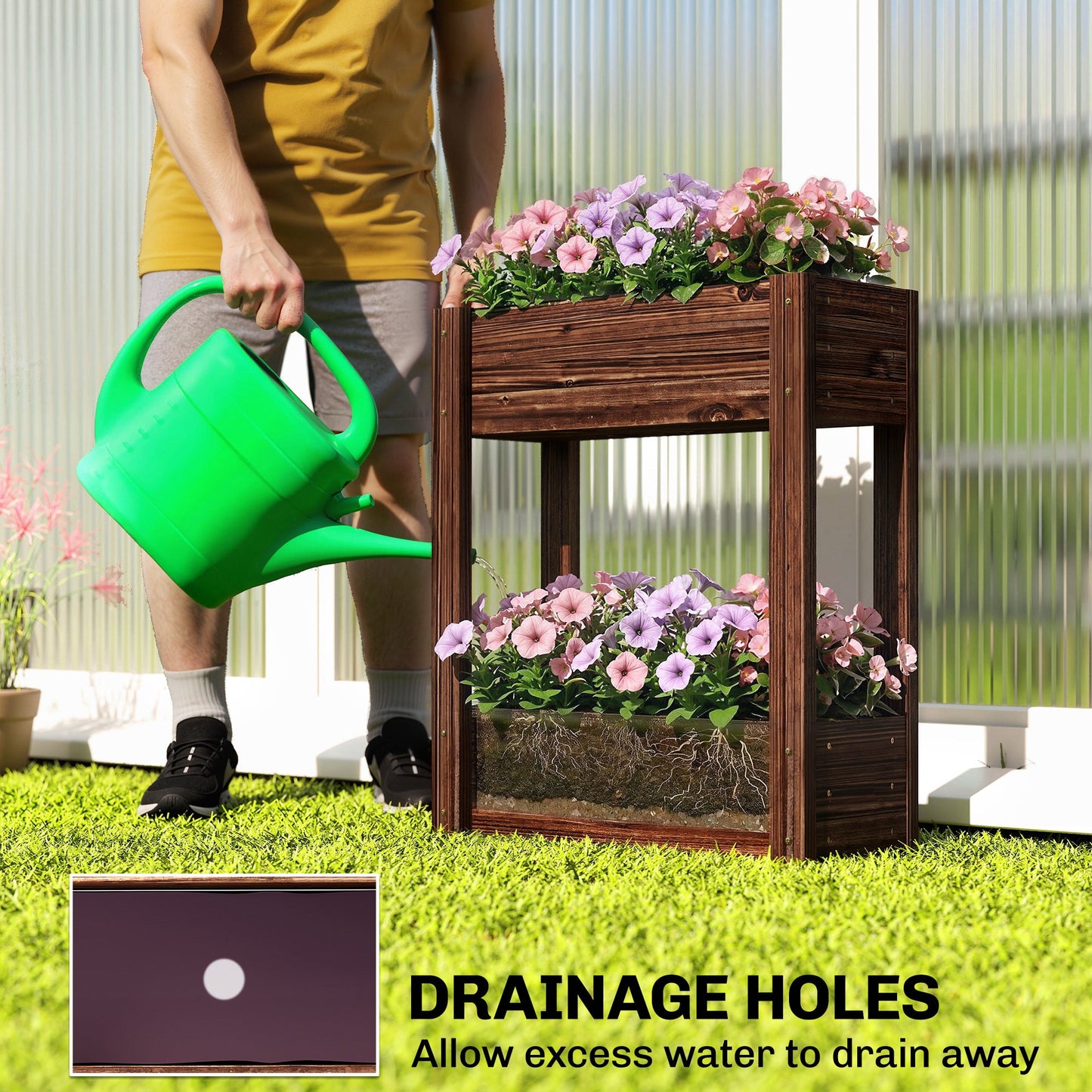 2-Tier Wooden Raised Planter, Raised Garden Bed on Legs with Drainage Holes and Bed Liner, Outdoor Elevated Garden Planter for Vegetables, Herbs, Flowers, 60 x 25 x 70 cm