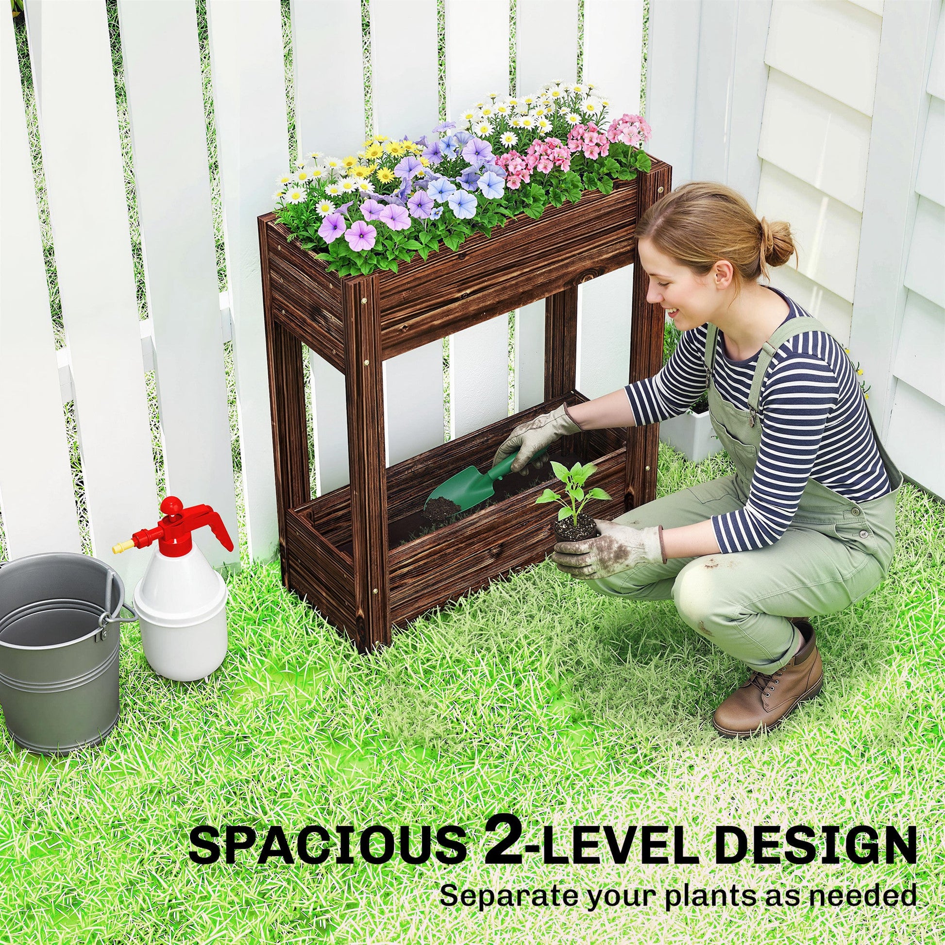 2-Tier Wooden Raised Planter, Raised Garden Bed on Legs with Drainage Holes and Bed Liner, Outdoor Elevated Garden Planter for Vegetables, Herbs, Flowers, 60 x 25 x 70 cm