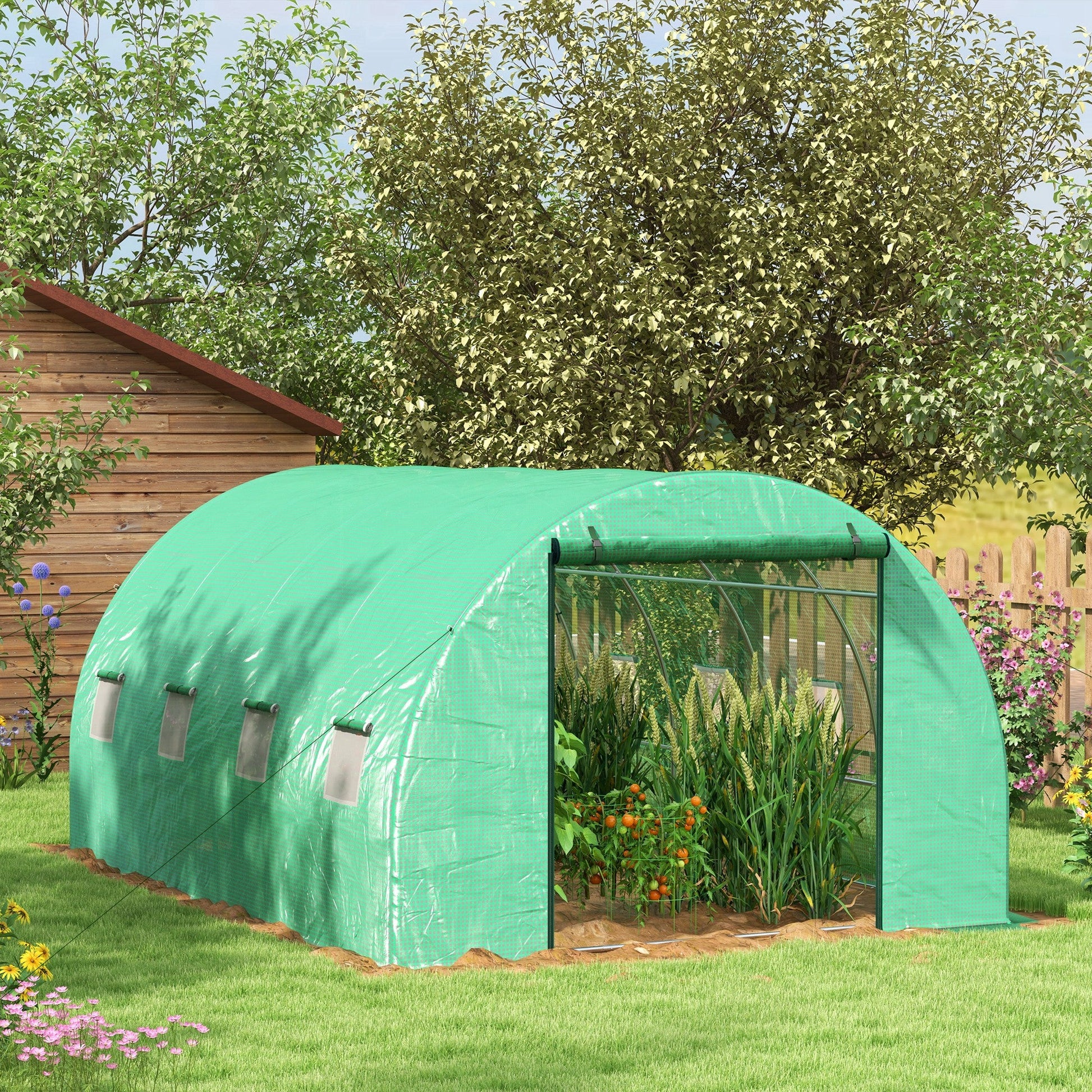 4 x 3(m) Polytunnel Greenhouse with Sprinkler Irrigation System, Walk-in Green House for Garden with Wide Roll-up Door, 8 Mesh Windows, Galvanised Steel Frame, Green