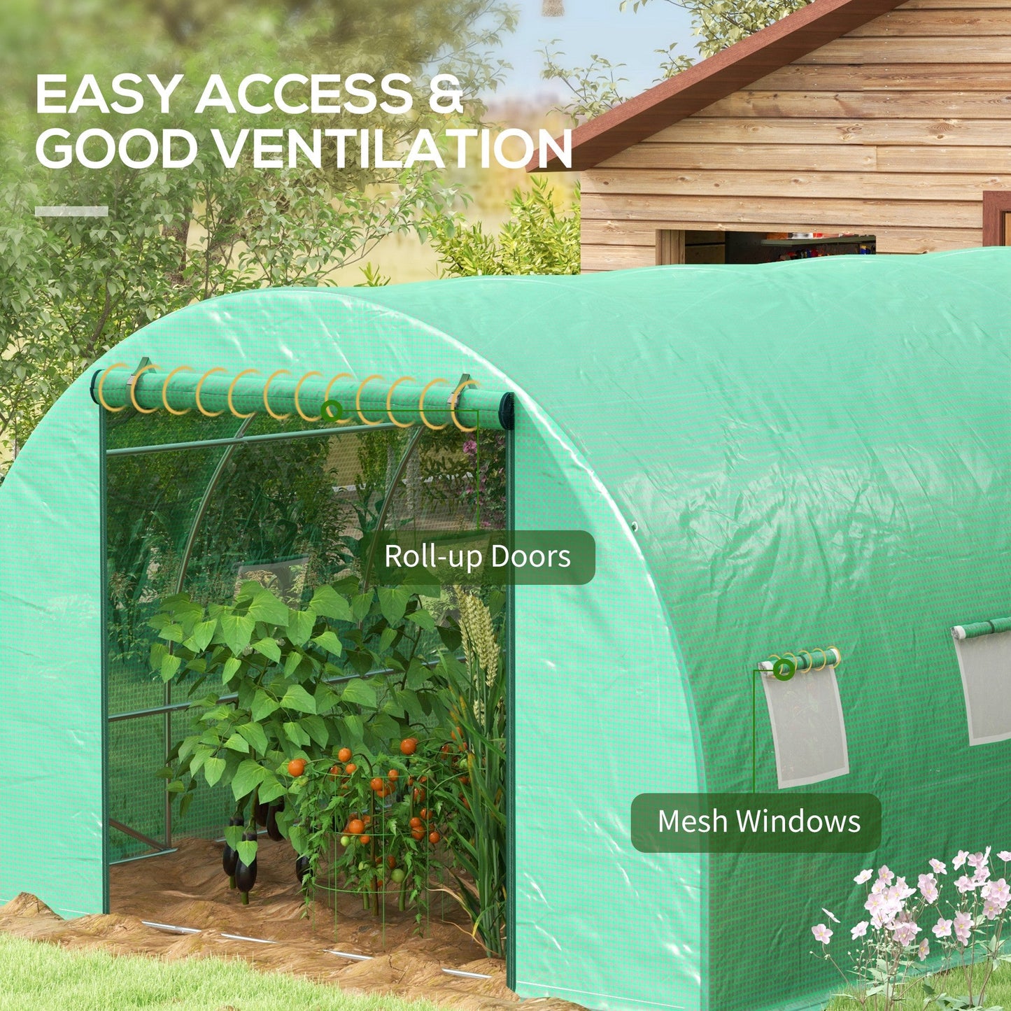 4 x 3(m) Polytunnel Greenhouse with Sprinkler Irrigation System, Walk-in Green House for Garden with Wide Roll-up Door, 8 Mesh Windows, Galvanised Steel Frame, Green