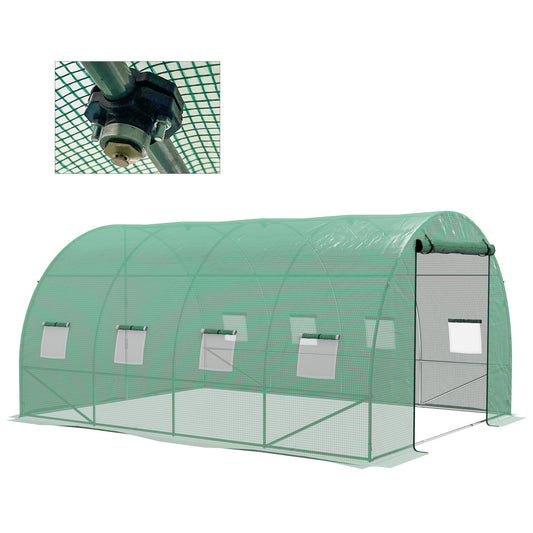 4 x 3(m) Polytunnel Greenhouse with Sprinkler Irrigation System, Walk-in Green House for Garden with Wide Roll-up Door, 8 Mesh Windows, Galvanised Steel Frame, Green