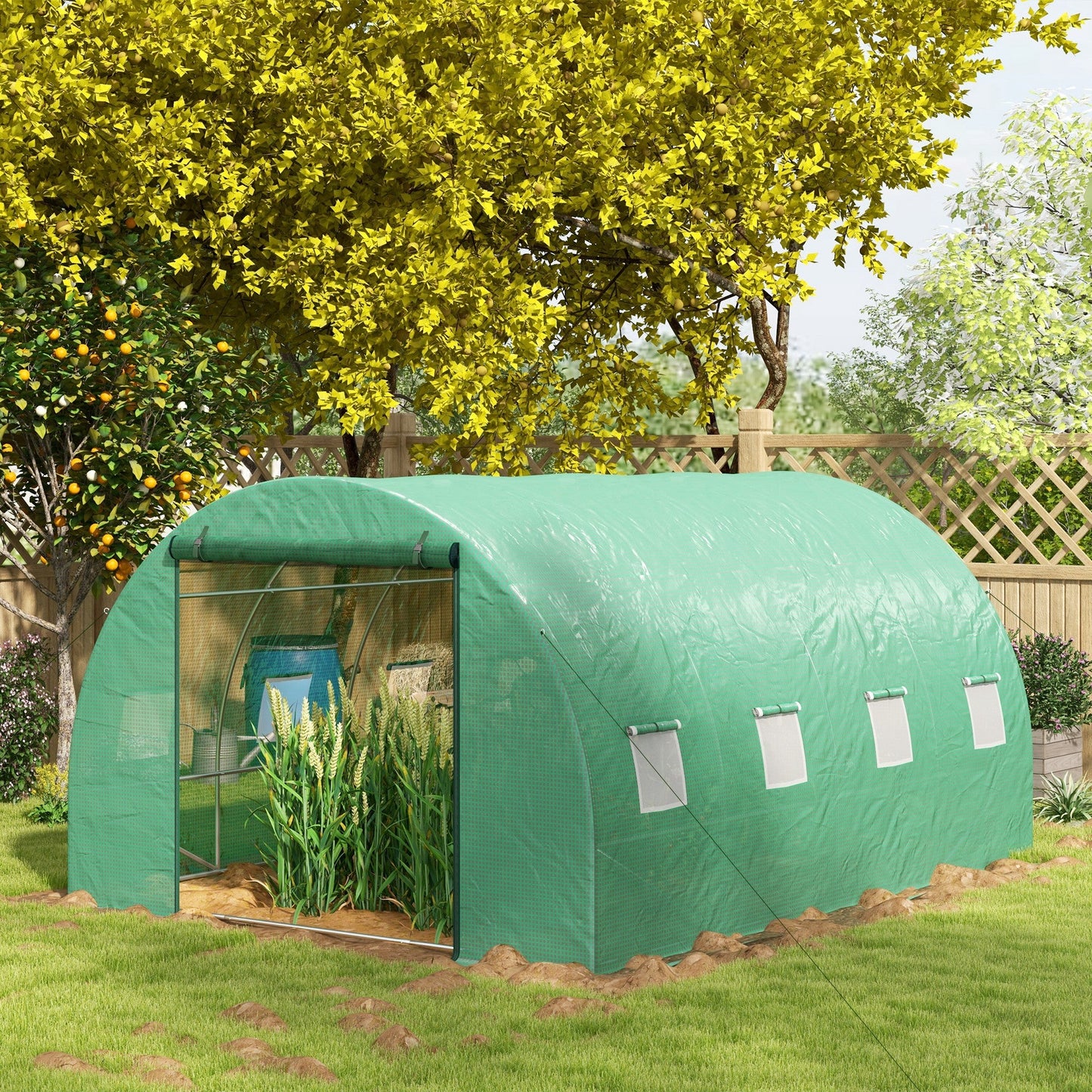 4 x 3(m) Polytunnel Greenhouse with Sprinkler Irrigation System, Walk-in Green House for Garden with Wide Roll-up Door, 8 Mesh Windows, Galvanised Steel Frame, Green
