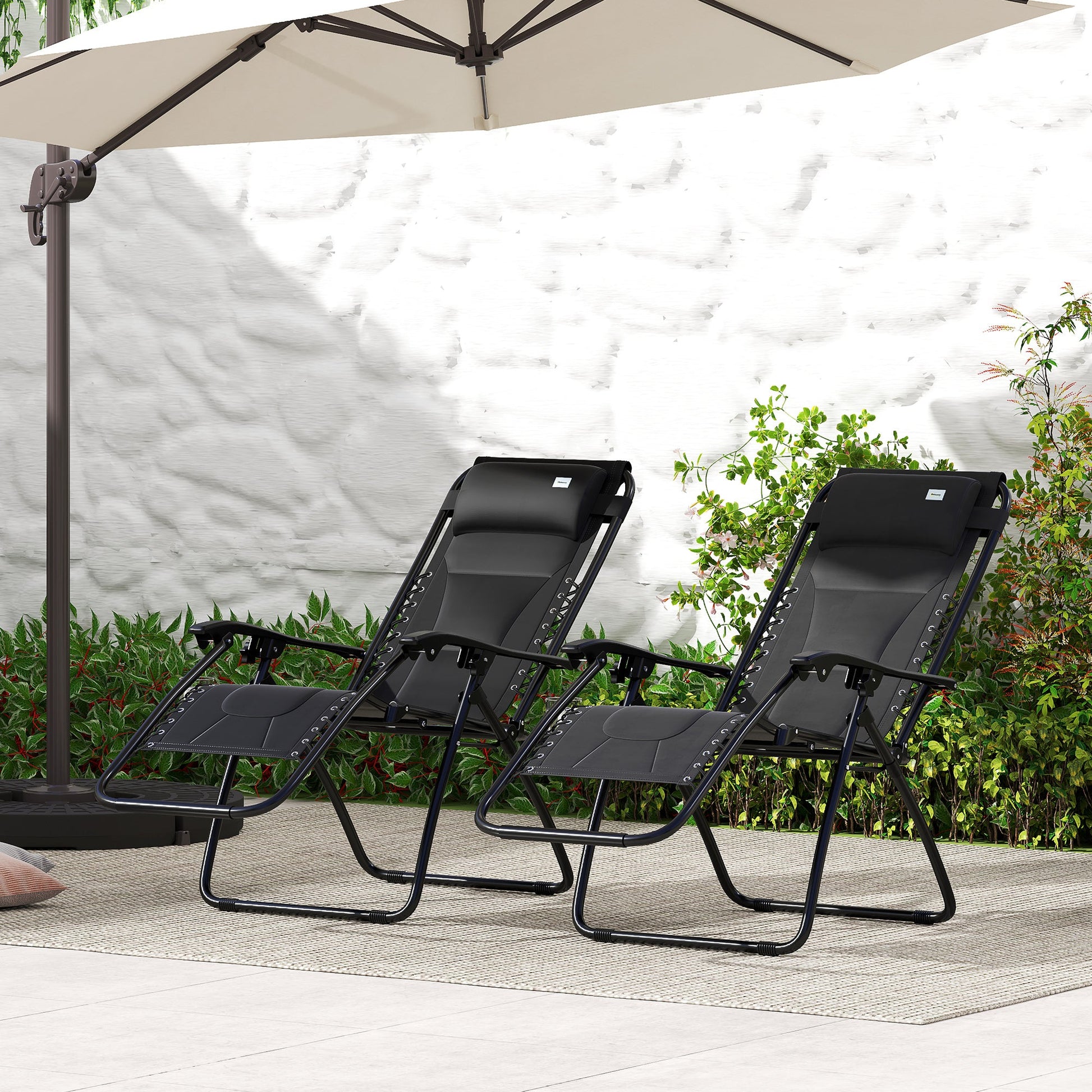 Zero Gravity Lounger Chair Set of 2, Folding Reclining Patio Chair with Padded Seat, Cup Holder, Soft Cushion and Headrest for Poolside, Camping, Black