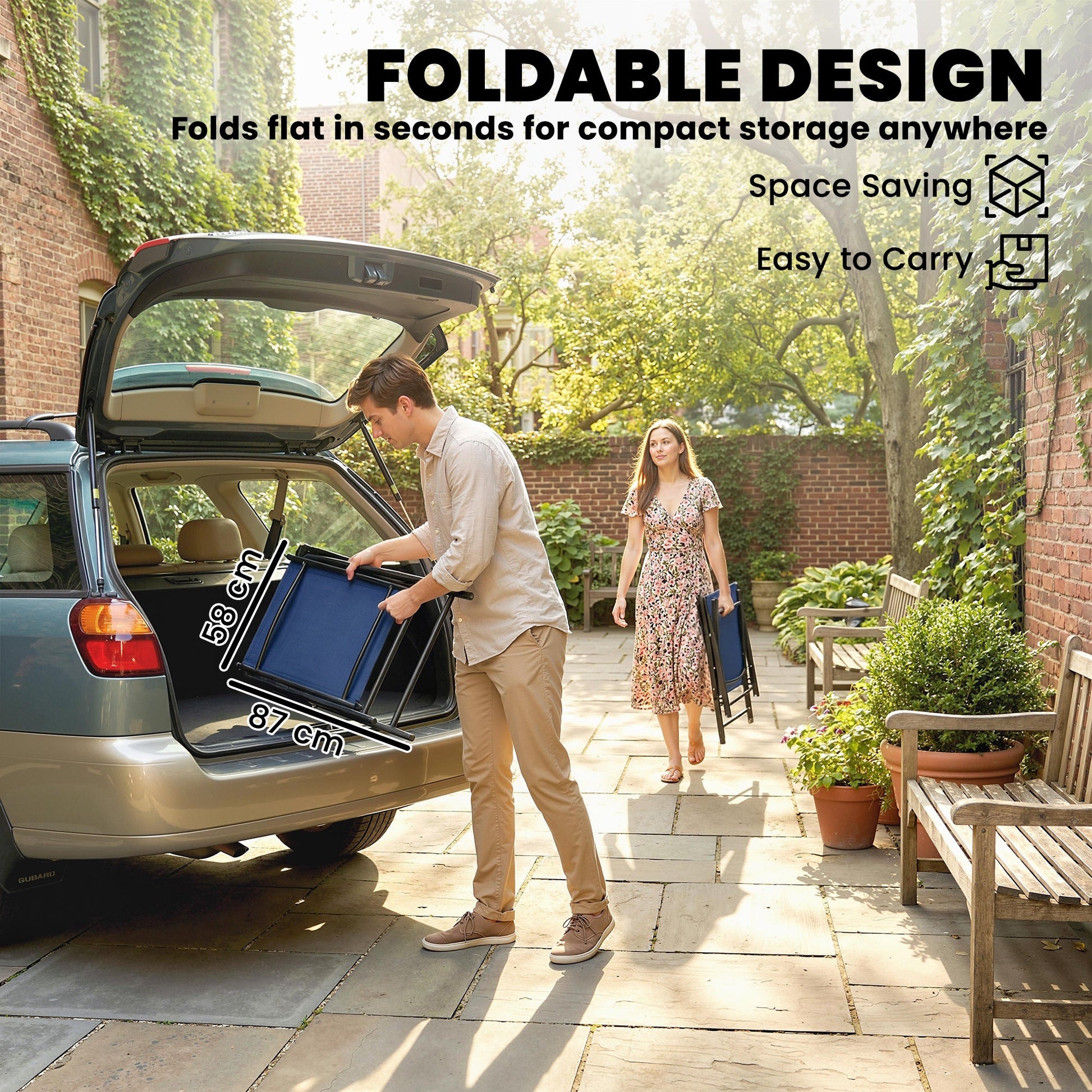 Folding Garden Chairs Set of 2, Foldable Garden Dining Chairs with High Back and Armrests, Breathable Texteline Folding Outdoor Chair Set with Metal Frame for Patio, Balcony, Navy Blue
