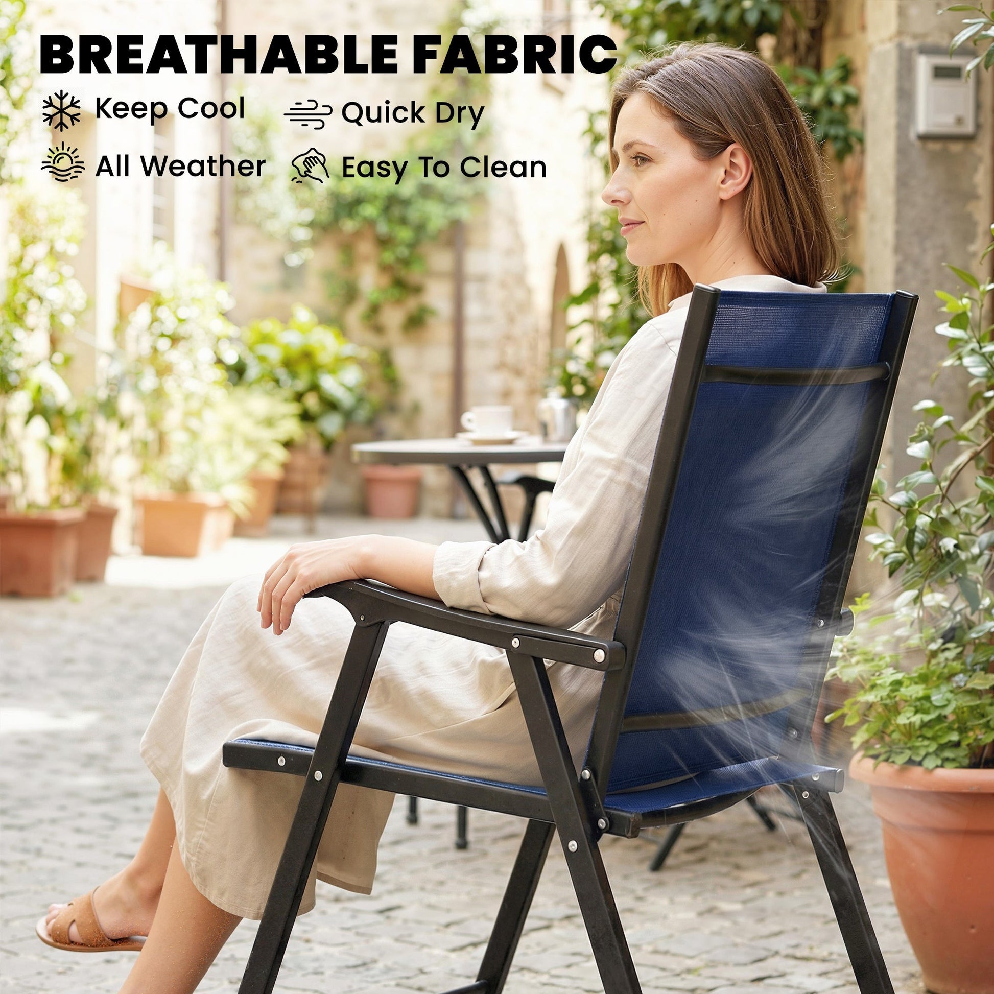 Folding Garden Chairs Set of 2, Foldable Garden Dining Chairs with High Back and Armrests, Breathable Texteline Folding Outdoor Chair Set with Metal Frame for Patio, Balcony, Navy Blue