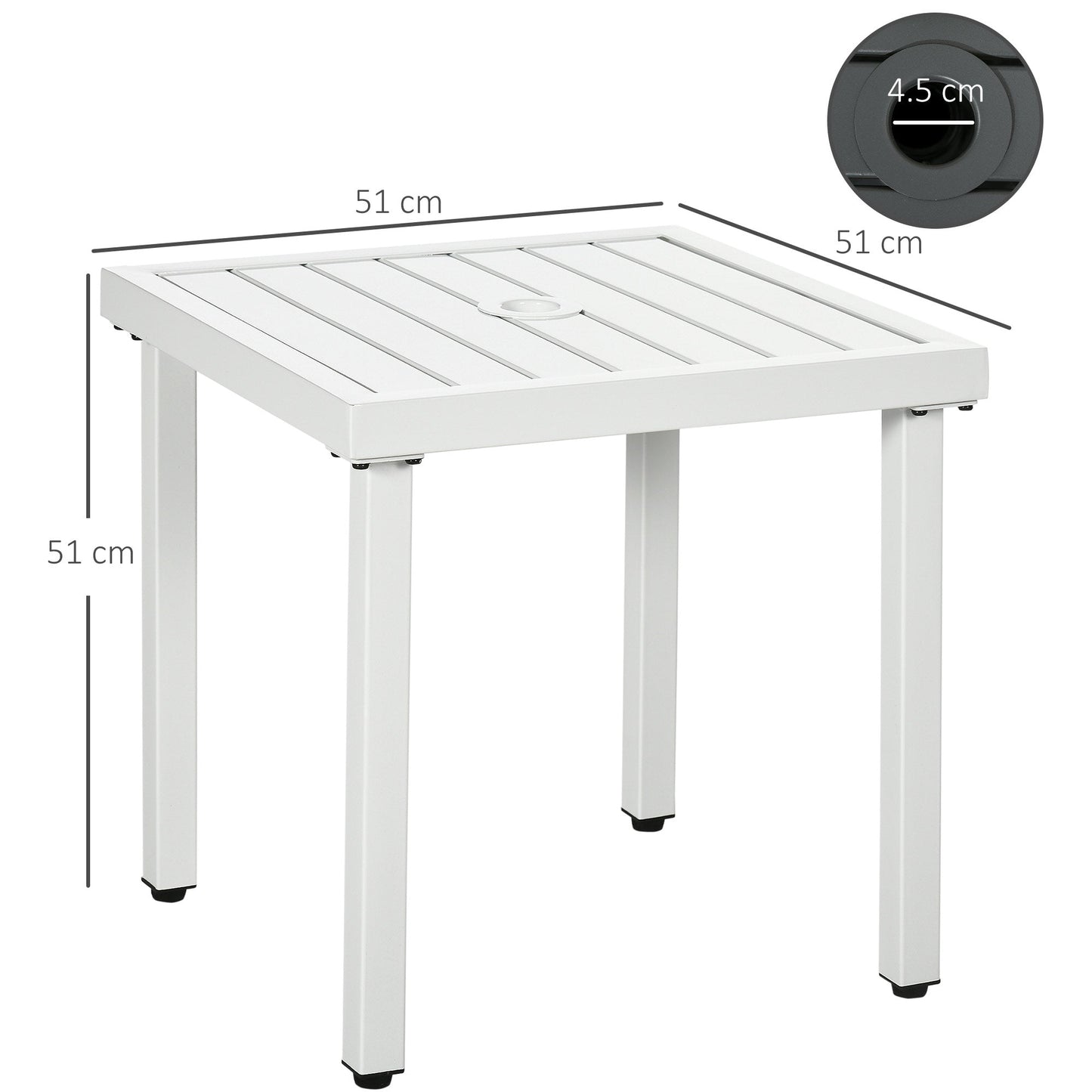 Garden Side Table, 51x51cm Square Patio Coffee Table with Umbrella Hole, End Table with Steel Frame for Balcony, White