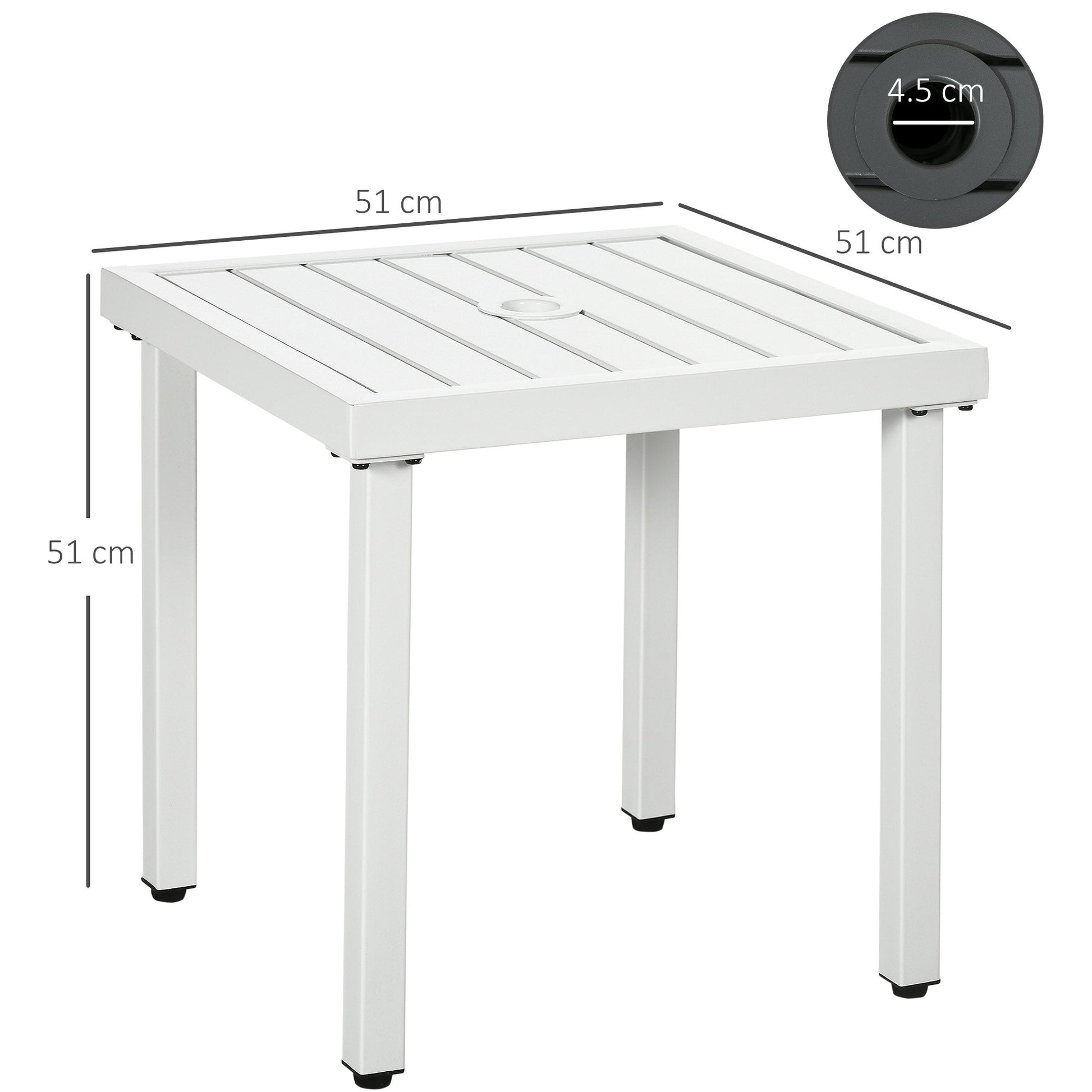 Garden Side Table, 51x51cm Square Patio Coffee Table with Umbrella Hole, End Table with Steel Frame for Balcony, White